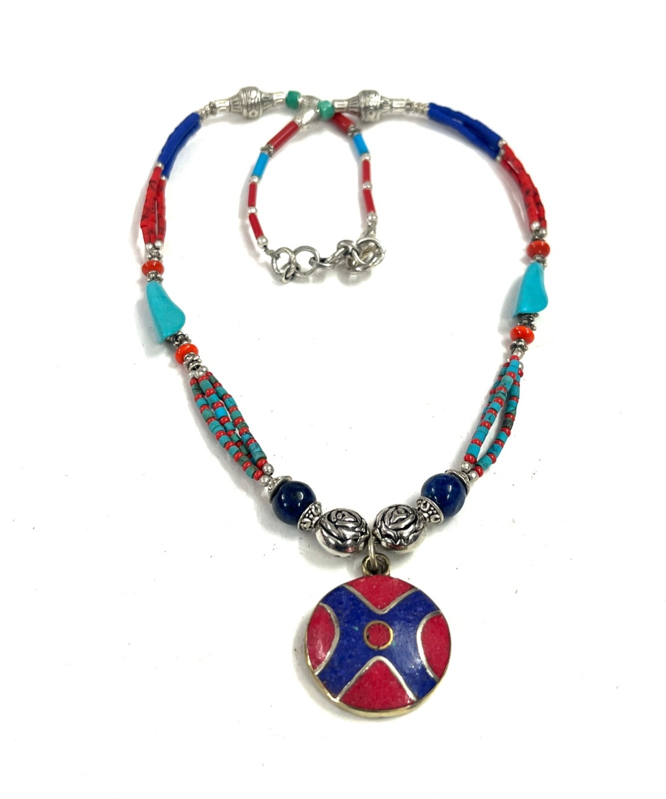 Lapis Coral Turquoise Gemstone Tibetan Handmade Necklace Jewelry, 18 Inc Adjst
