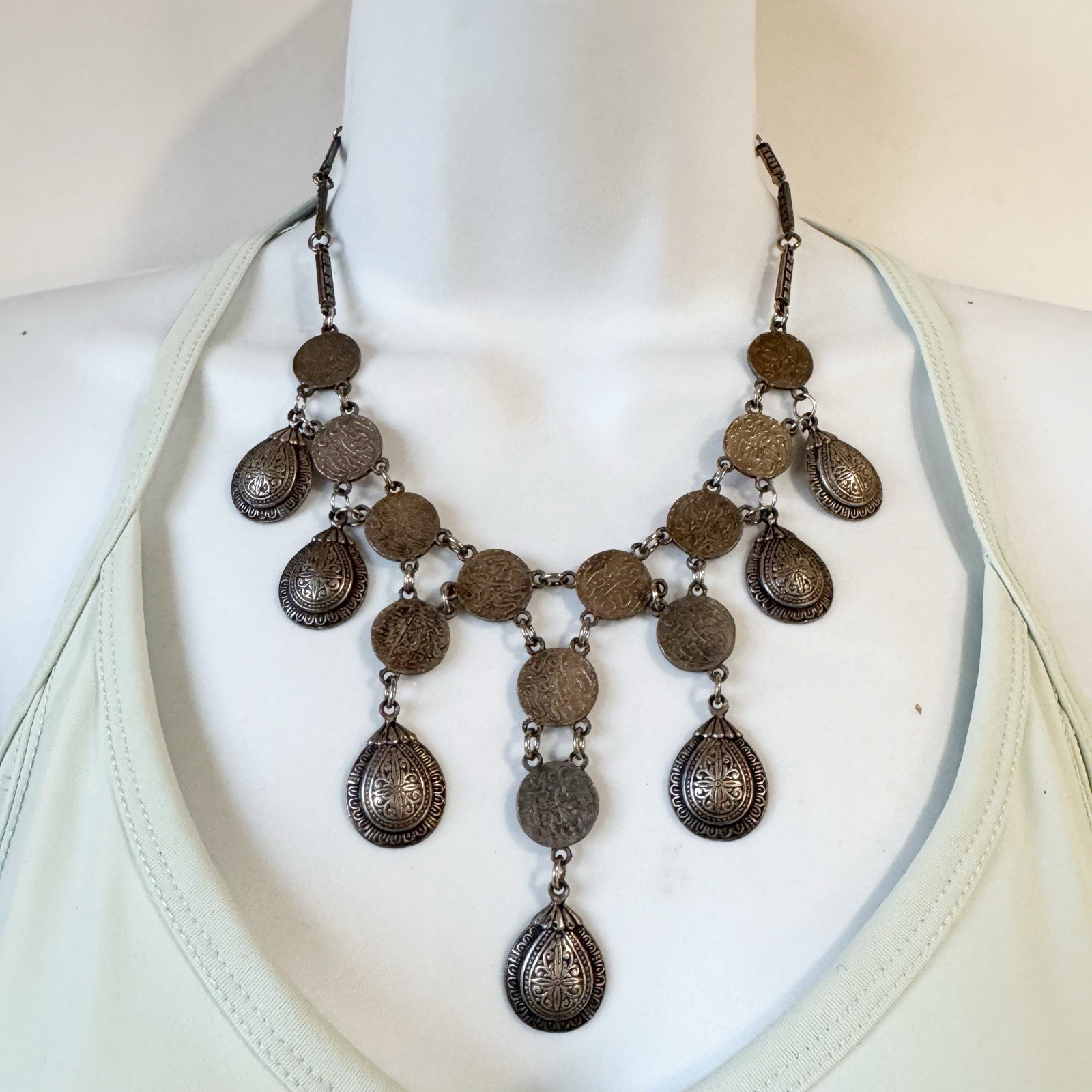 Silver Tone Metal Tear Drop Dangle Bib Coin Necklace
