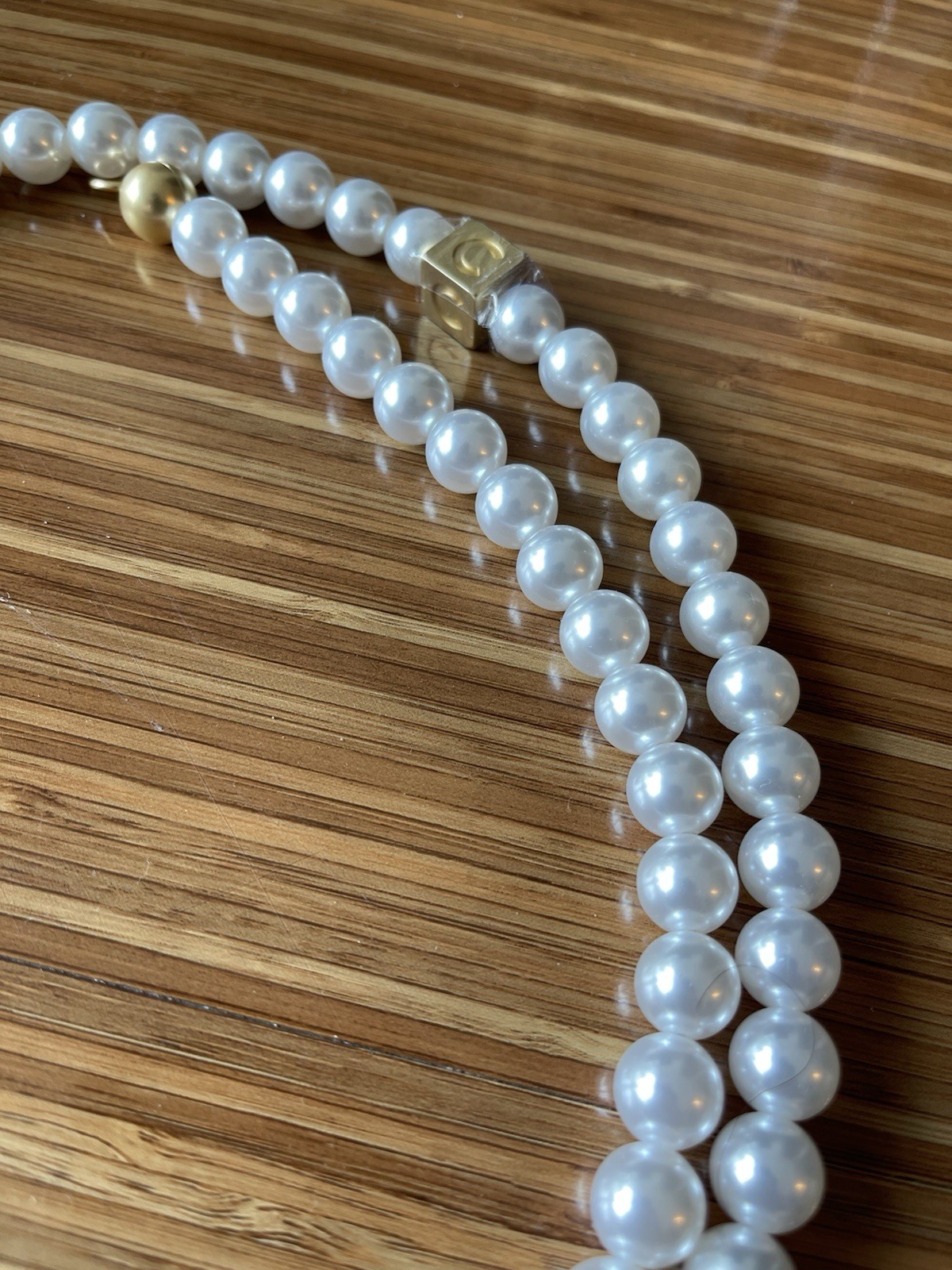 White Faux Pearl Layered Double Strand Beaded Necklace Gold-Tone Toggle