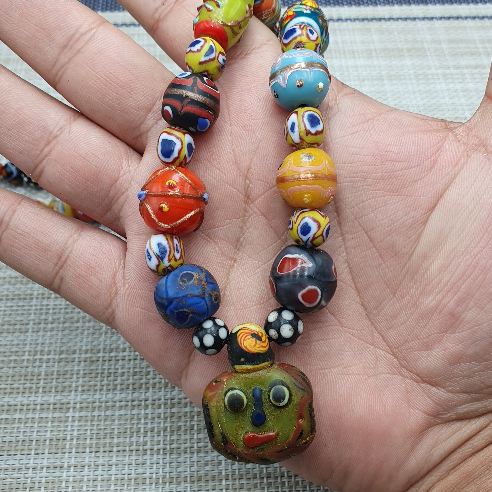 Vintage Venetian Style Mix Glass With Old Face Glass Pendant Necklace
