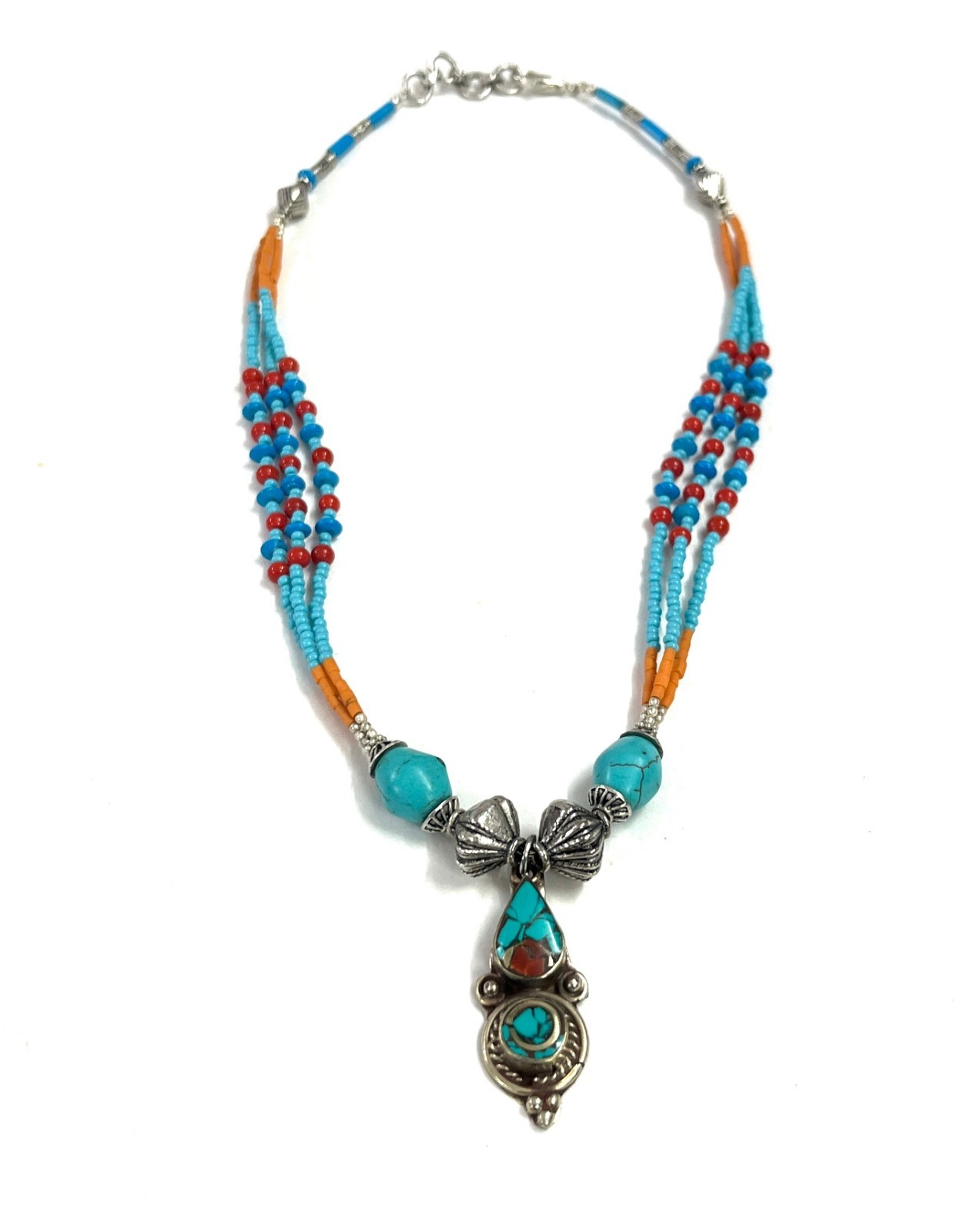Handcrafted Turquoise Coral Gemstone Tibetan Necklace Jewelry, 17 inch Adjus