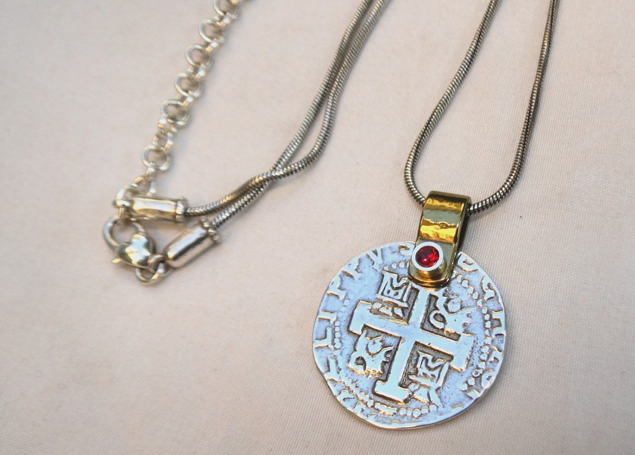 Brighton Doubloon Roman Coin Silver, gold & Red Crystal Pendant Necklace