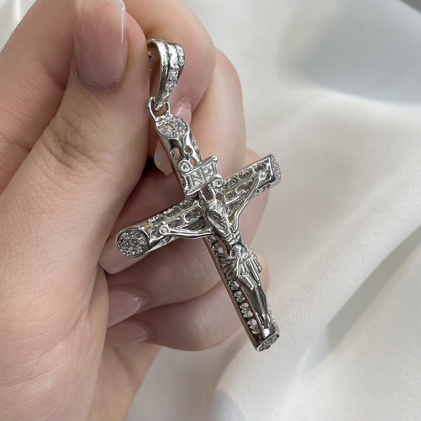 Sterling Silver CZ Crucifix Pendant Set Cross 13.60 Grams – Gift Boxed Pendant