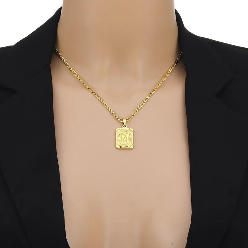 Initial Letter Pendant Necklace Stainless Steel Cuban Link Chain Alphabet Neckla