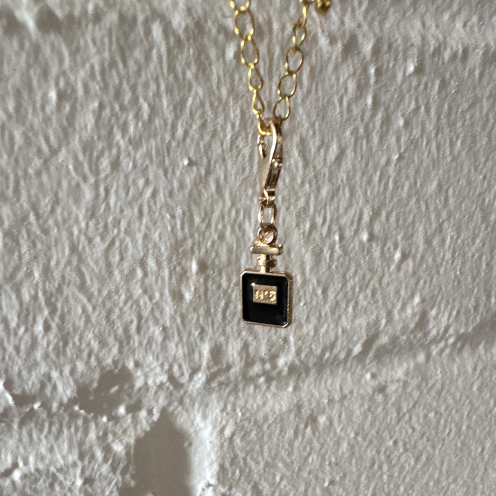 Gold Tone Black Square Charm Pendant Necklace Cable Chain Lobster Clasp