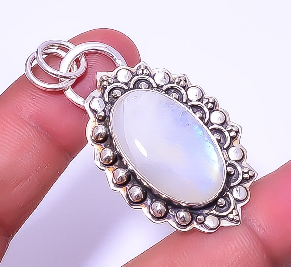 Rainbow Moonstone Gemstone 925 Sterling Silver Designer Pendant 1.95″ A393