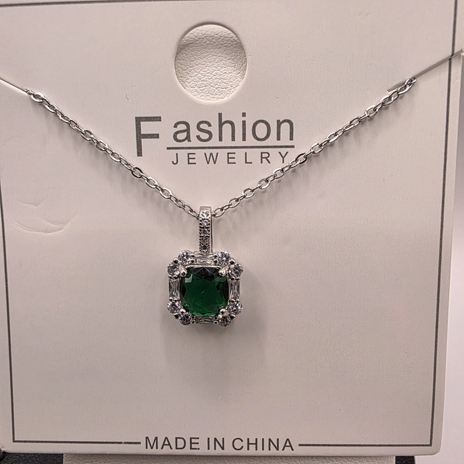 Stainless Steel 16″ Necklace w/17mm Green CZ Fashion Pendant