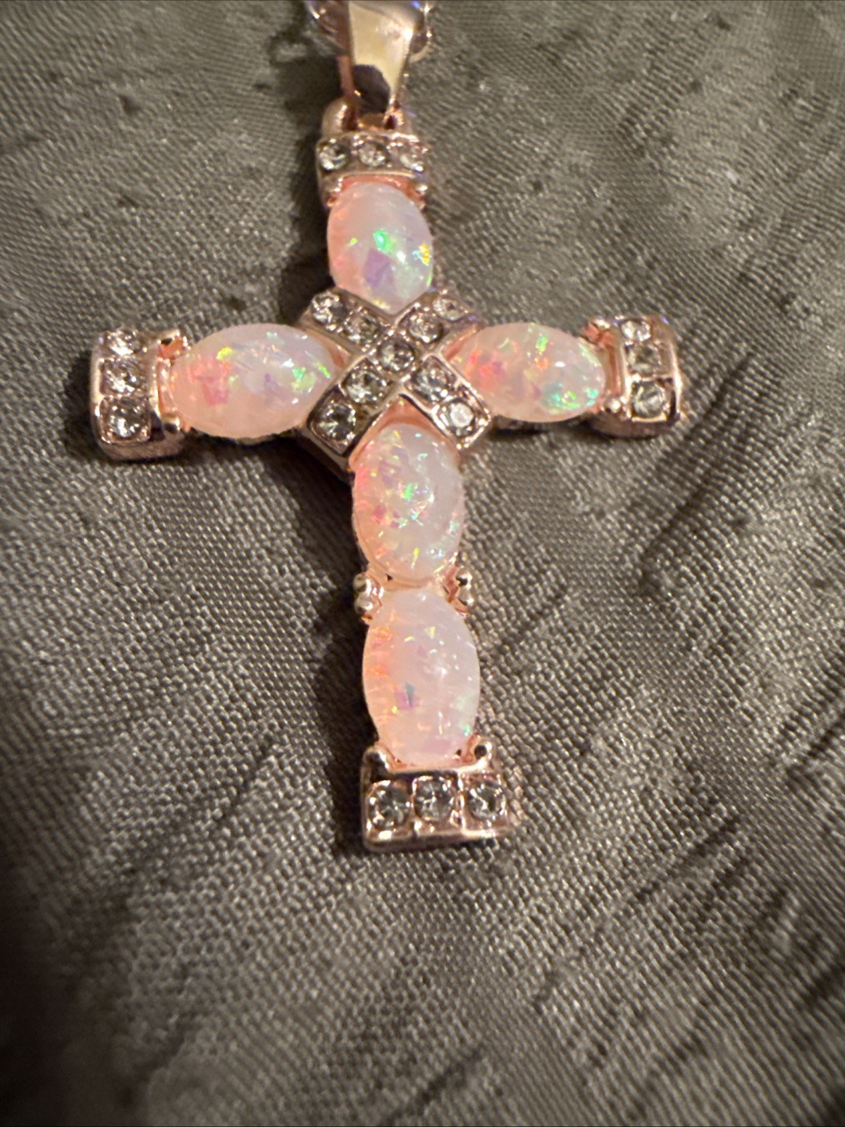 Rose Golden Hip Hop Pinkish Blue Glass Stones Cross Necklace W/rhinestones