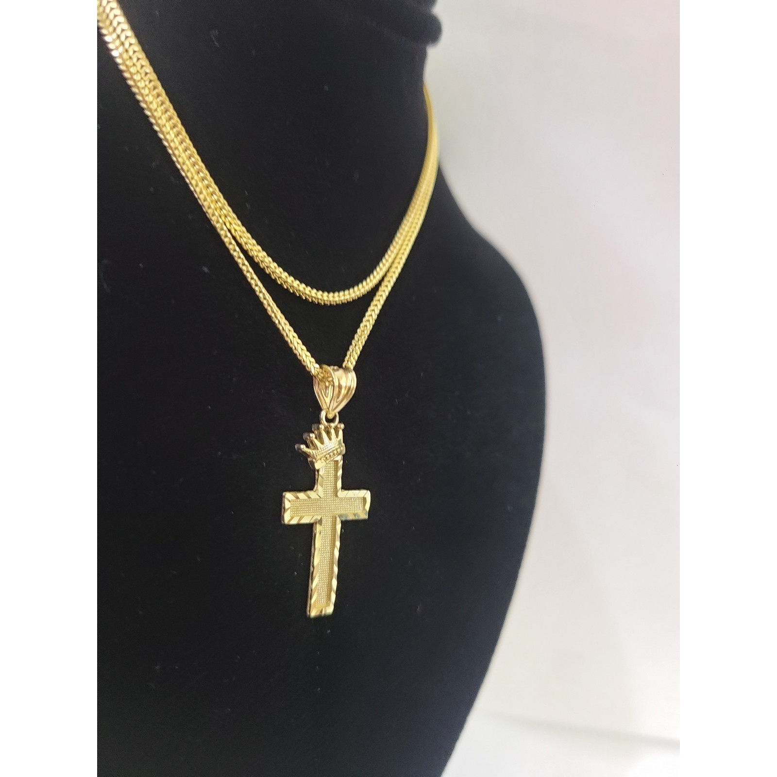 10K Gold Franco Chain 1mm Crown Cross Charm 16″-24″ Necklace Women Men