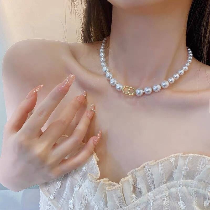 Necklace Earrings Bracelet Faux Pearl Silver Gold Chain Woman CD Pendant Strand