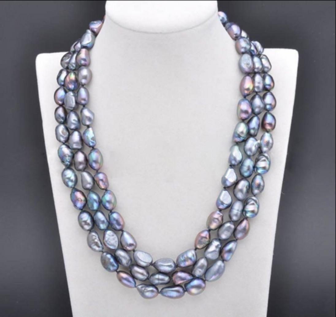 Charming 7-8mm Natural Peacock Black Freshwater Baroque Pearl Long Necklace 48”