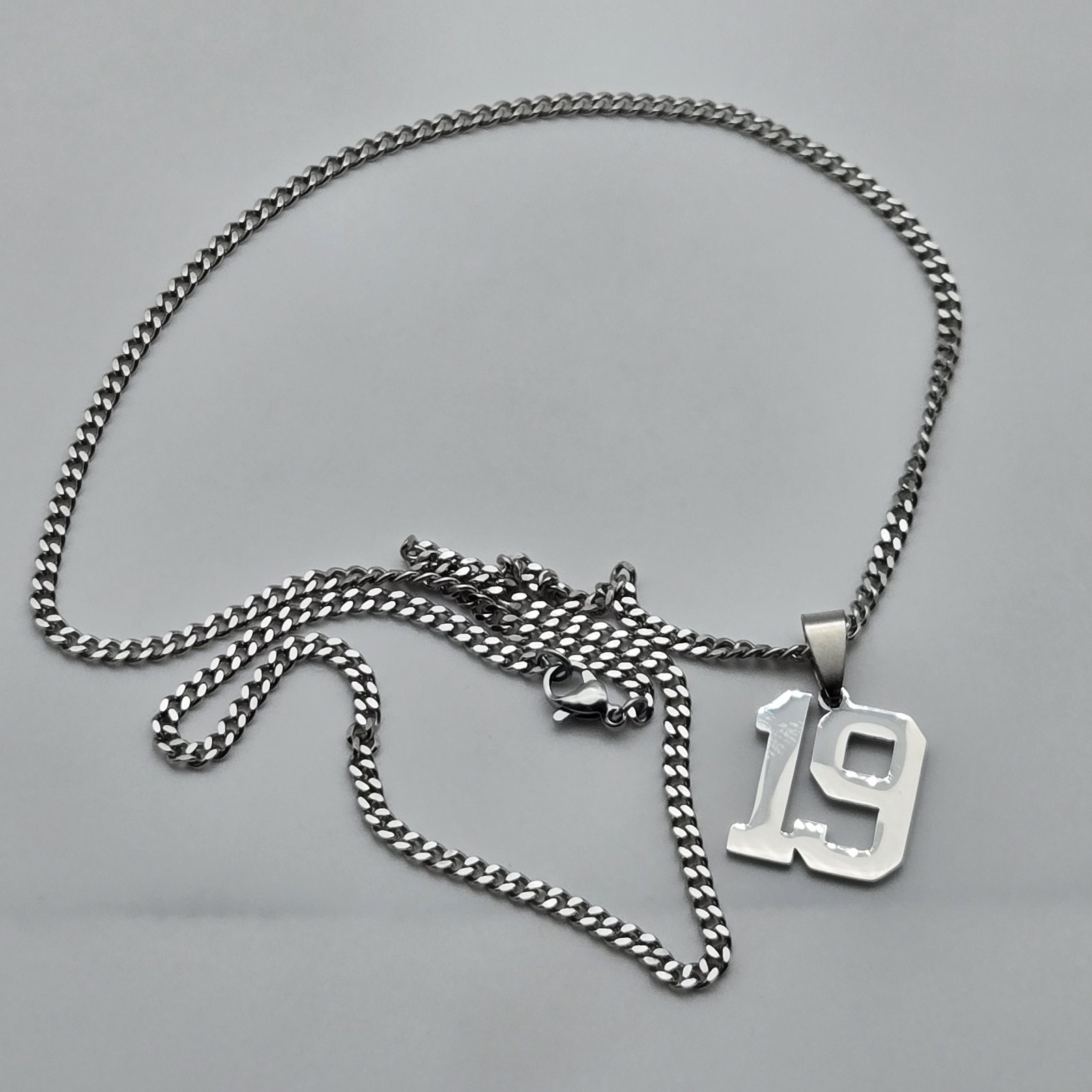 #19 BASEBALL FOOTBALL NUMBER Pendant Charm / 18″-24″ STAINLESS CHAIN NECKLACE