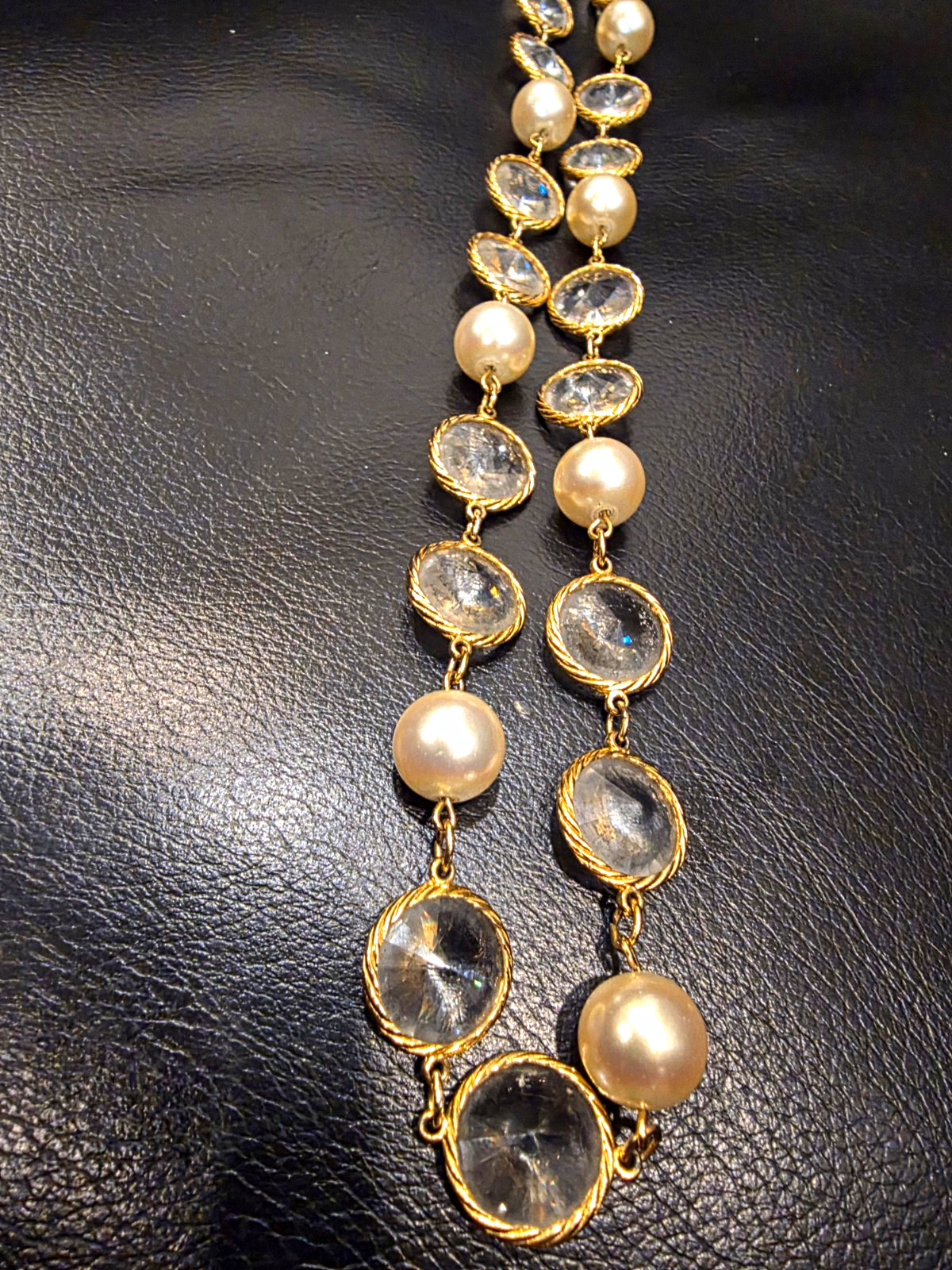 French Fancy Bezel Set Double Point Crystal & Glass Pearl Rope Necklace 32″ L