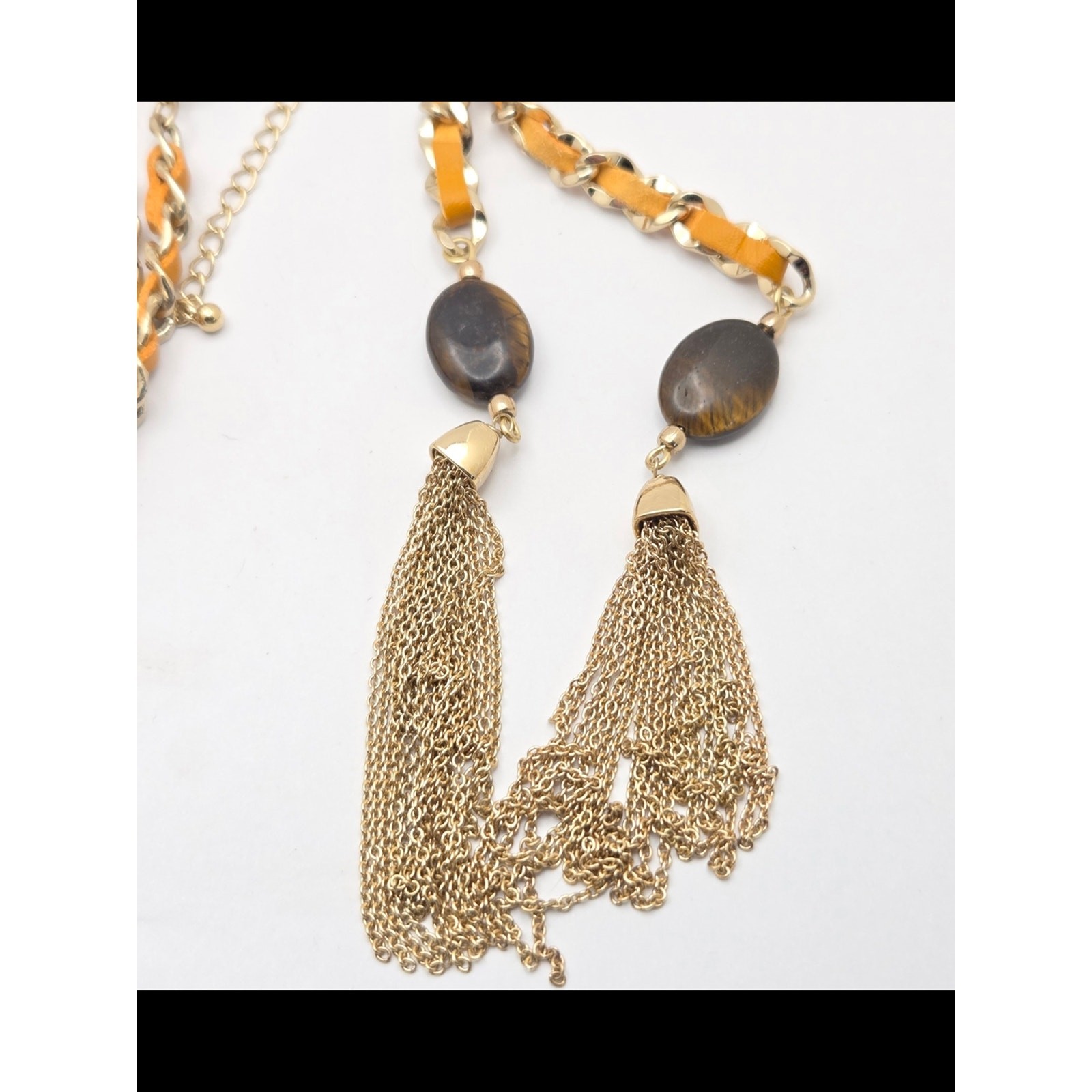 NWT White House Black Market Yellow Leather Gold Chain Lariat Tassel Necklace