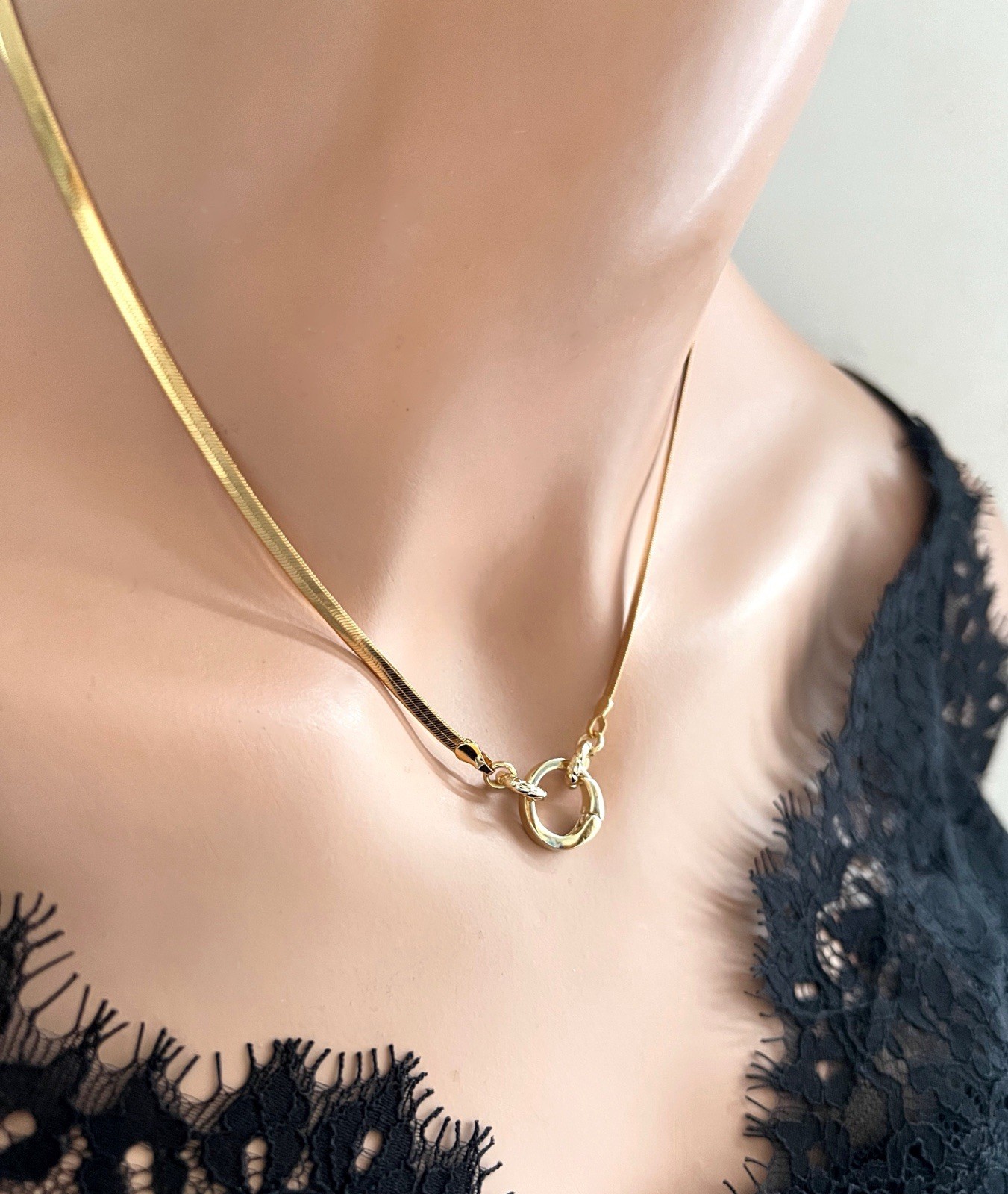 Gold Carabiner Necklace Charm Keeper Necklace Flat Herringbone Chain Necklace