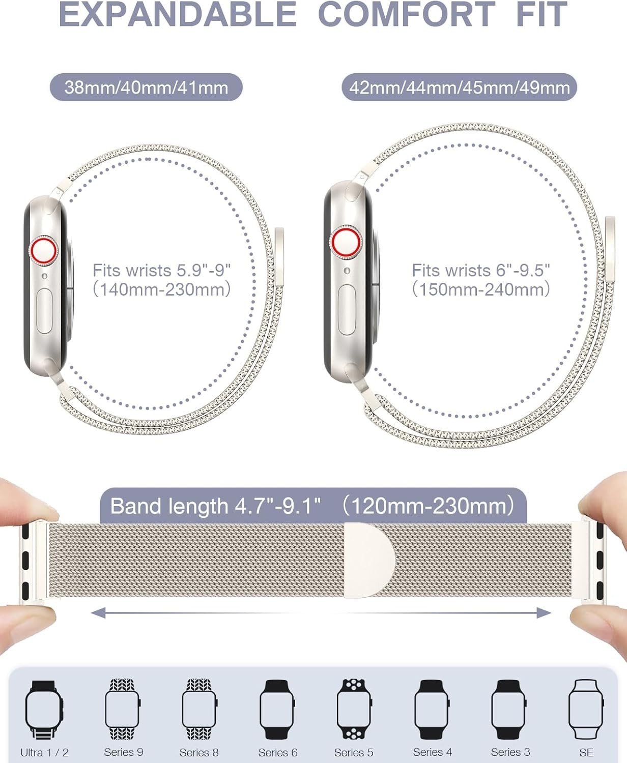 Apple Watch Band 38/40/41/42mm Milanese Loop Stainless Steel Silver Meliya Bands