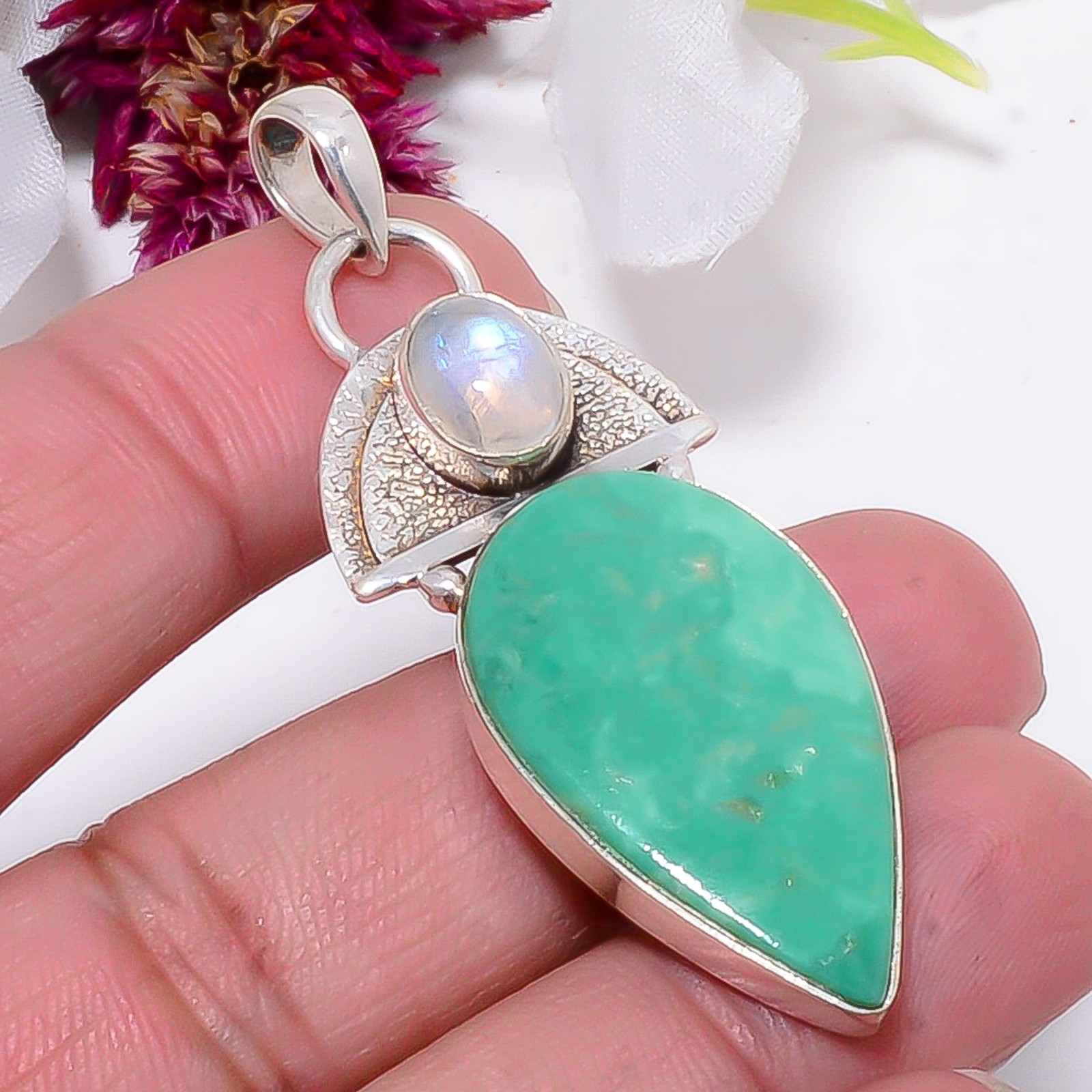 Variscite – Green Turquoise, Rainbow Moonstone 925 Silver Pendant 2.15″ Sku27