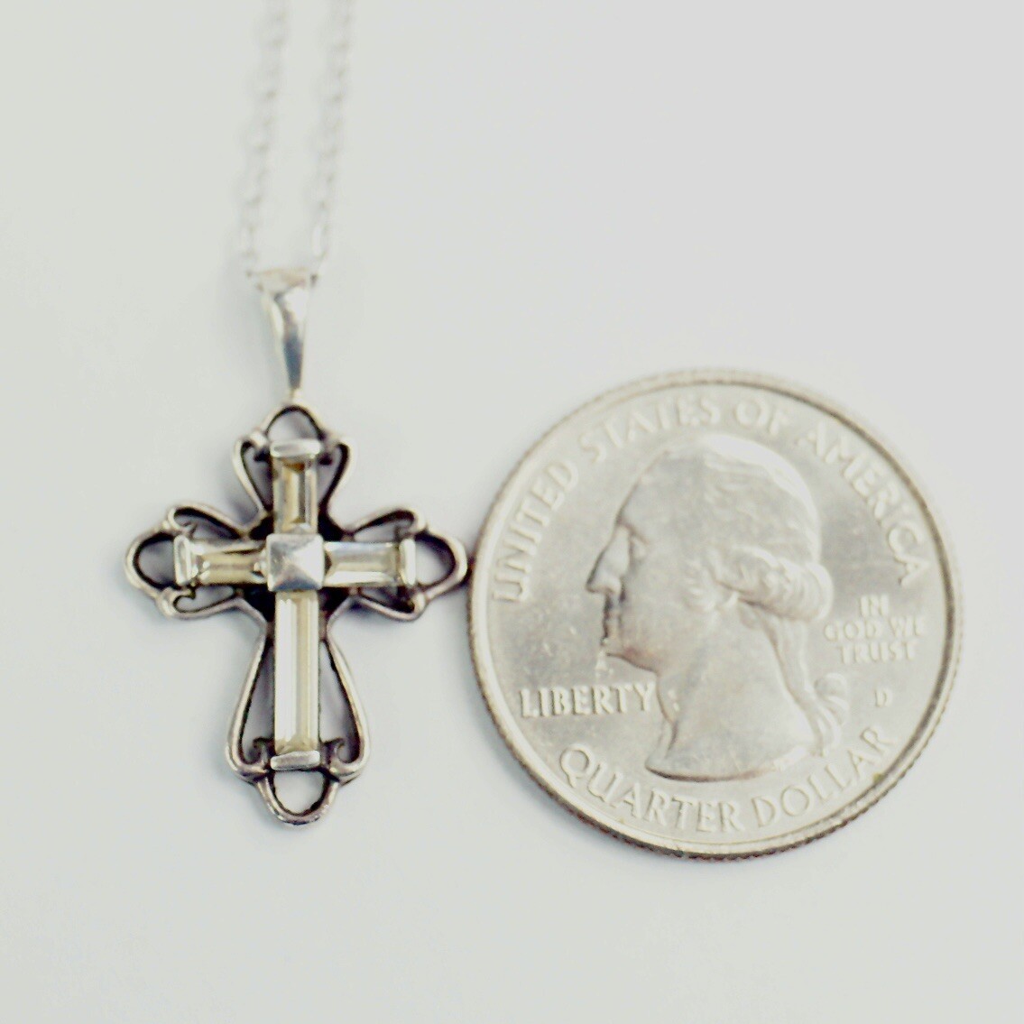 Sterling Silver Openwork White Colorless CZ Cross Pendant Cable Chain Necklace