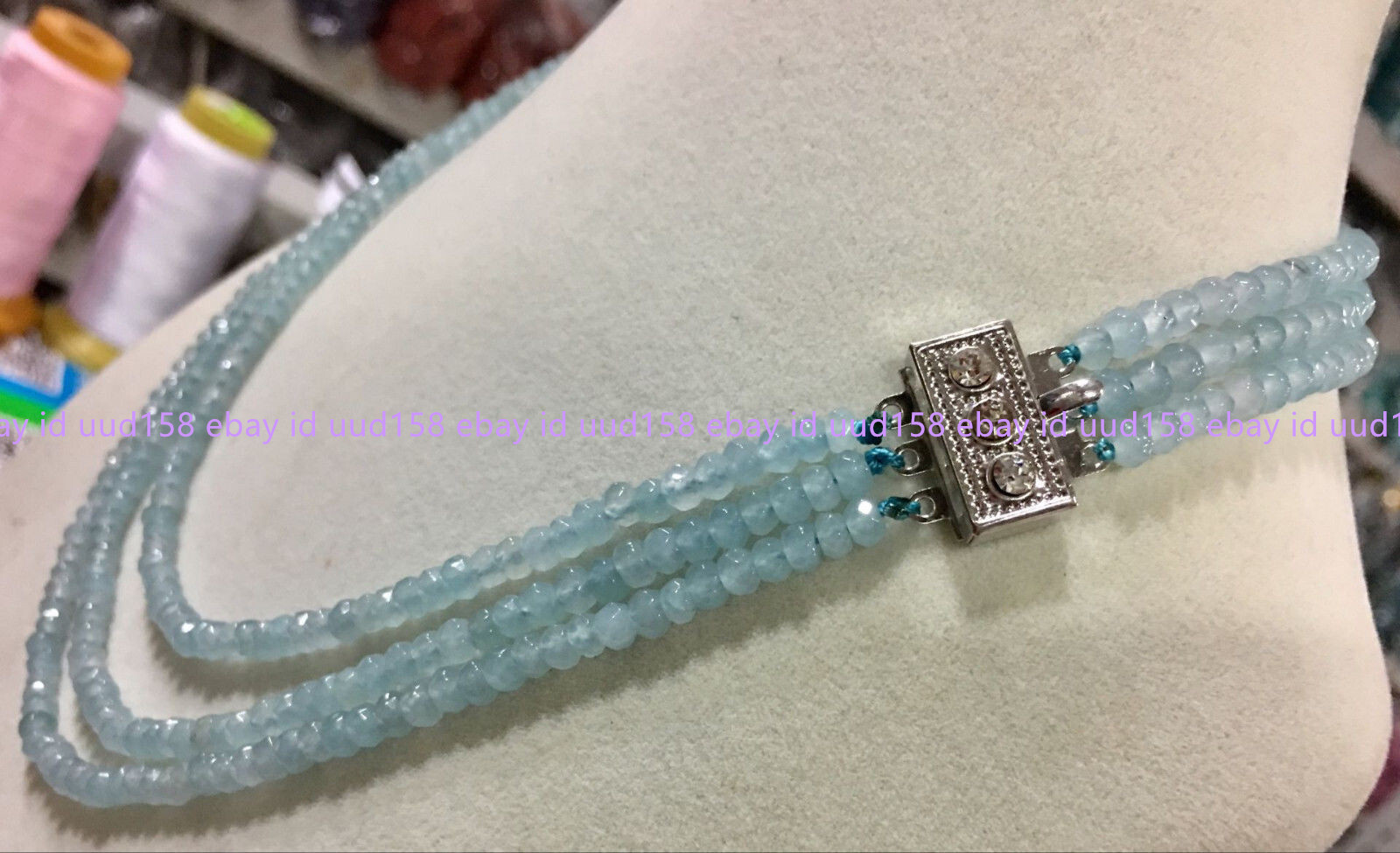 Genuine Natural 3 Rows 2X4mm Faceted Blue Aquamarine Beads Necklace 17-18.5”