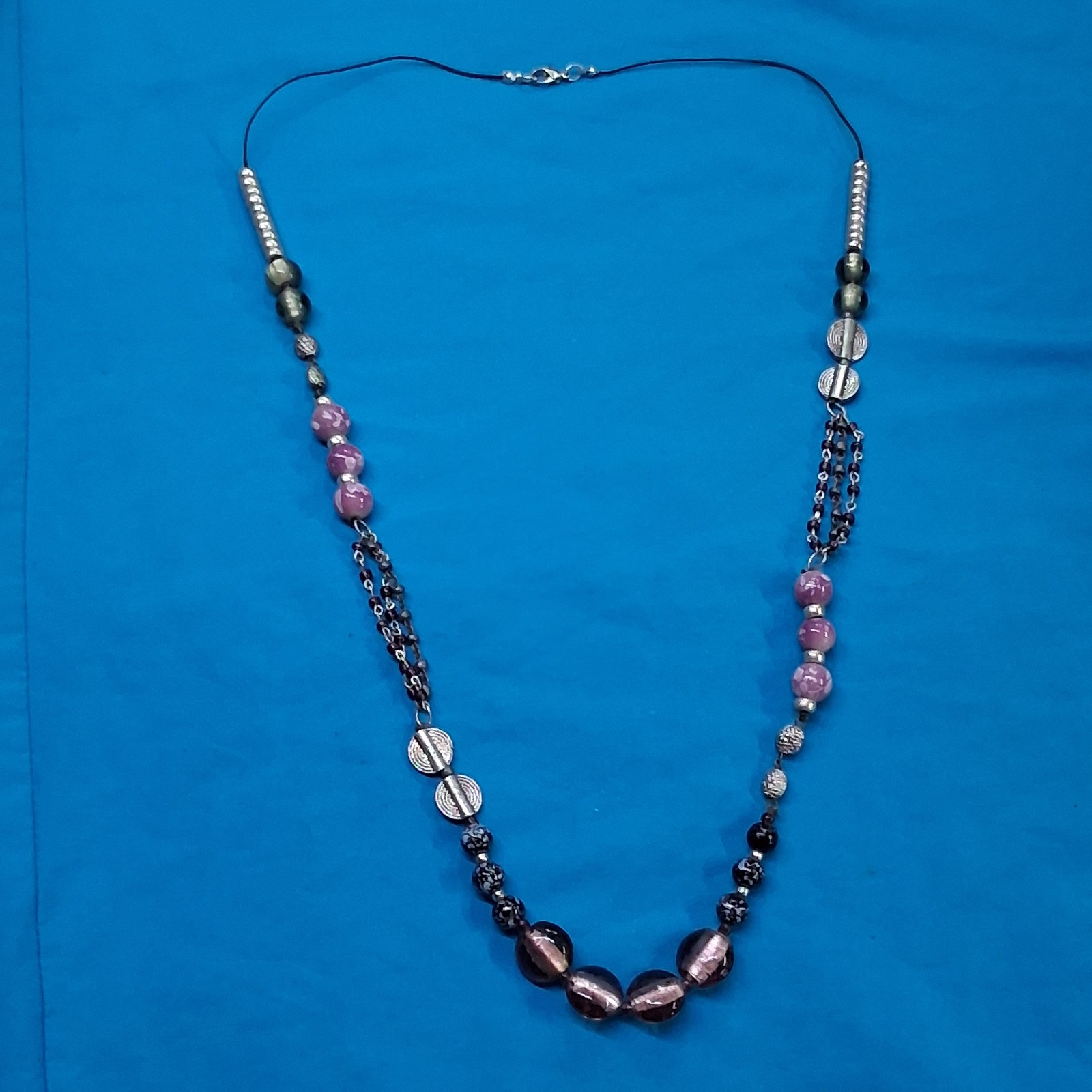 Vintage Glass & Stone Bead Silver Tone Lobster Clasp Necklace