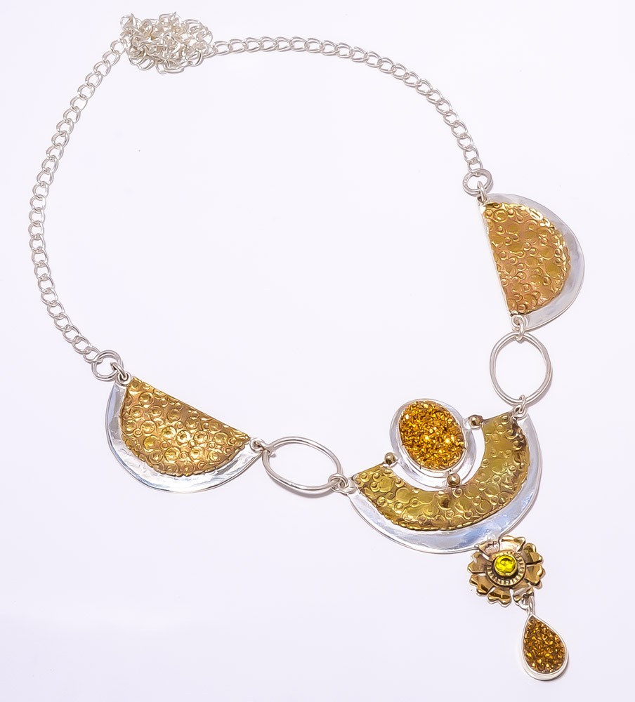 Titanium Golden Agate Drusy 925 Sterling Silver Two Tone Necklace 17.99″ A391