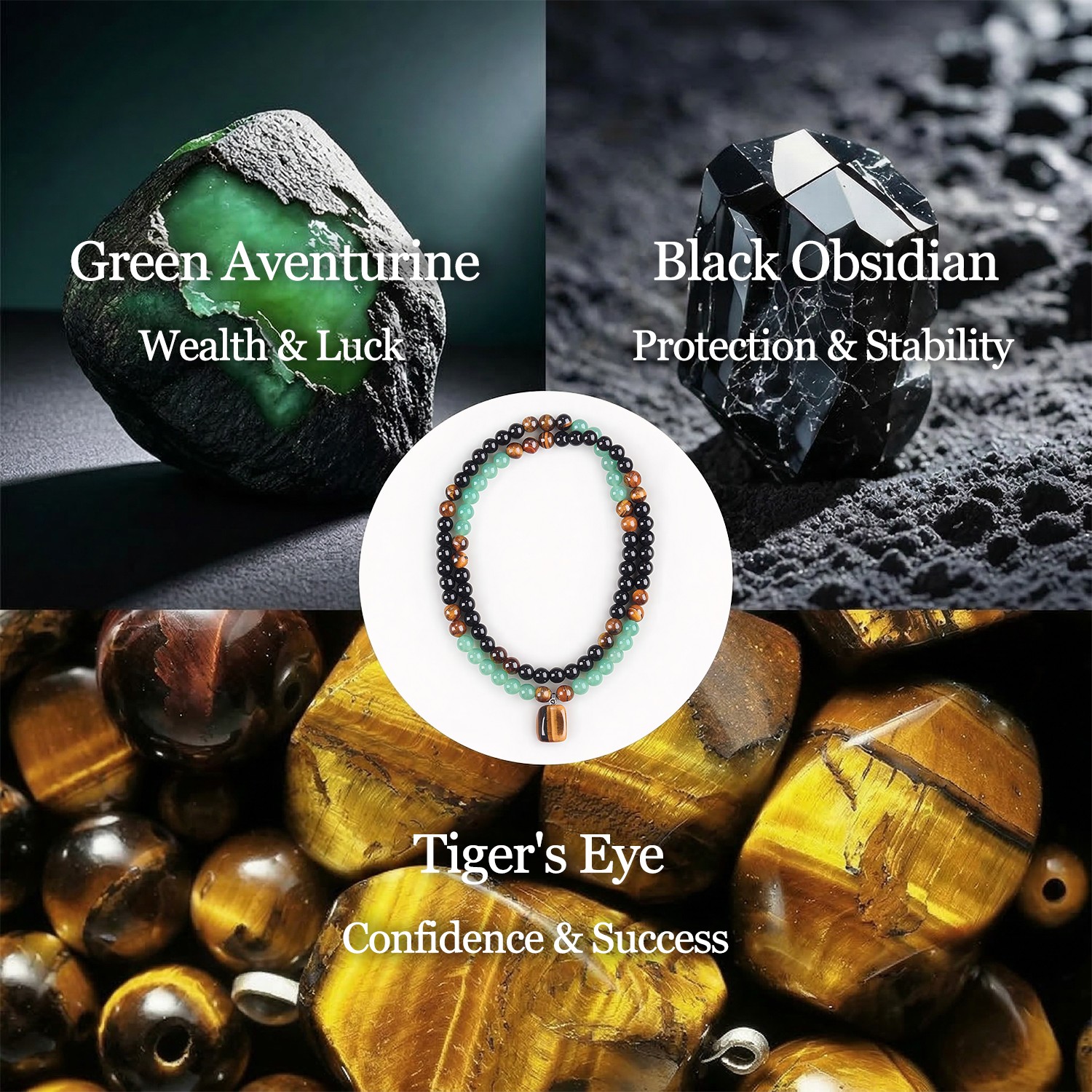 Money Attraction Necklace & Tiger Eye Obsidian Prosperity Crystal Beaded Gifts