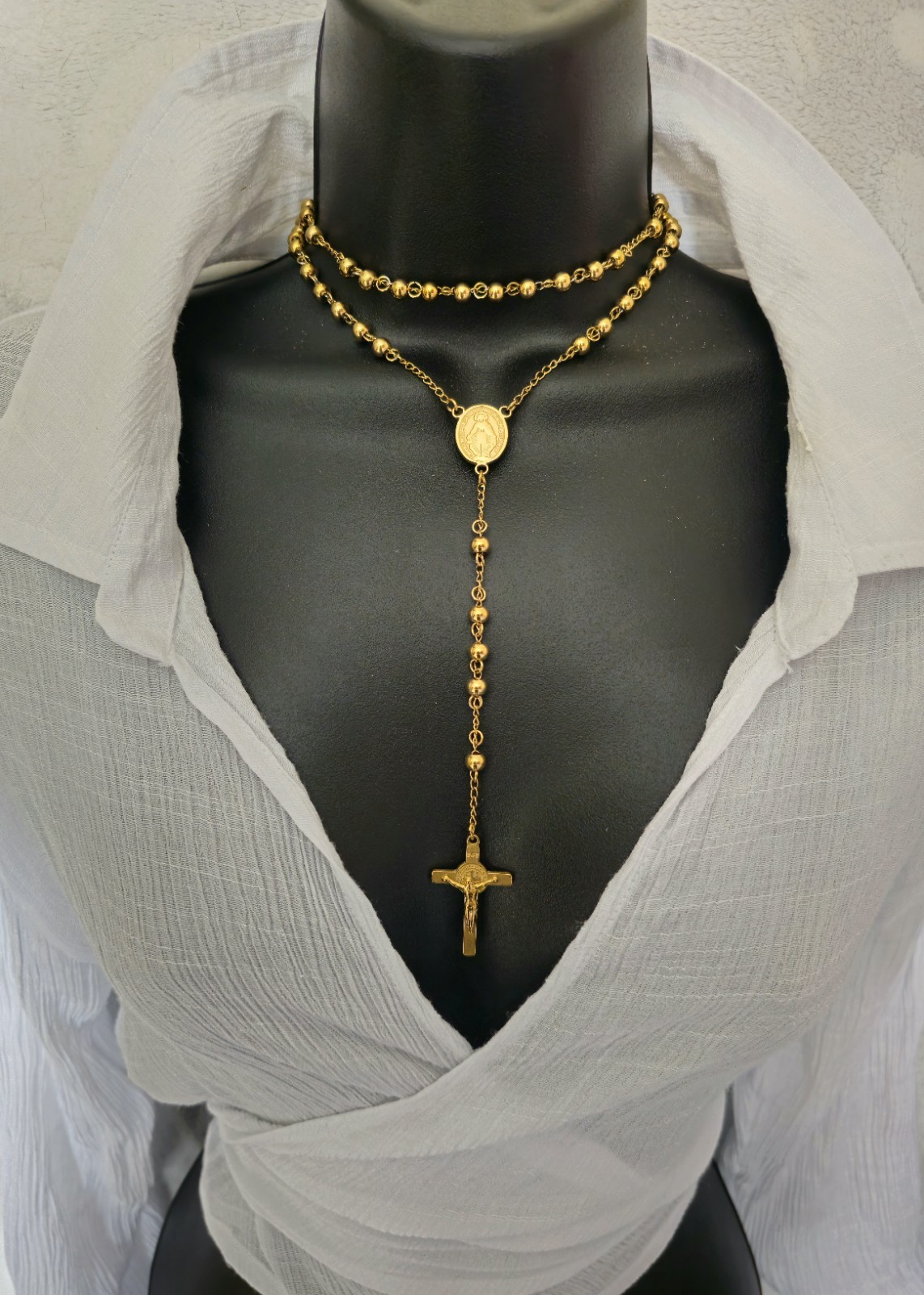 Gold Tone Stainless Steel Rosary Necklace Virgin Mary Crucifix Cross 60cm