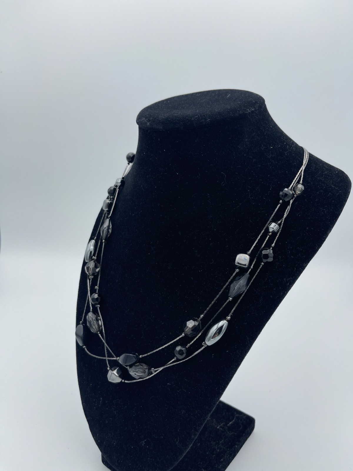 Multi-Strand Silver-Tone & Glass Bead Necklace Black/Grey Faceted Beads