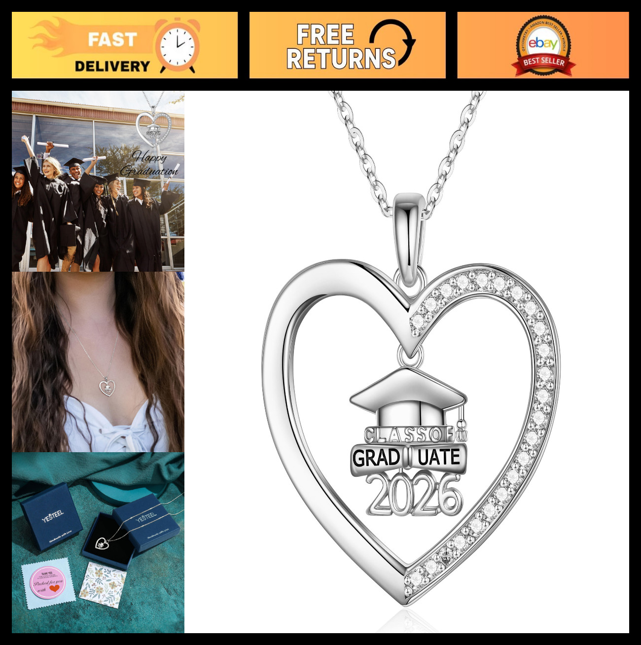 2026 Graduation Heart Necklace – S925 Sterling Silver Gift for Women & Friends