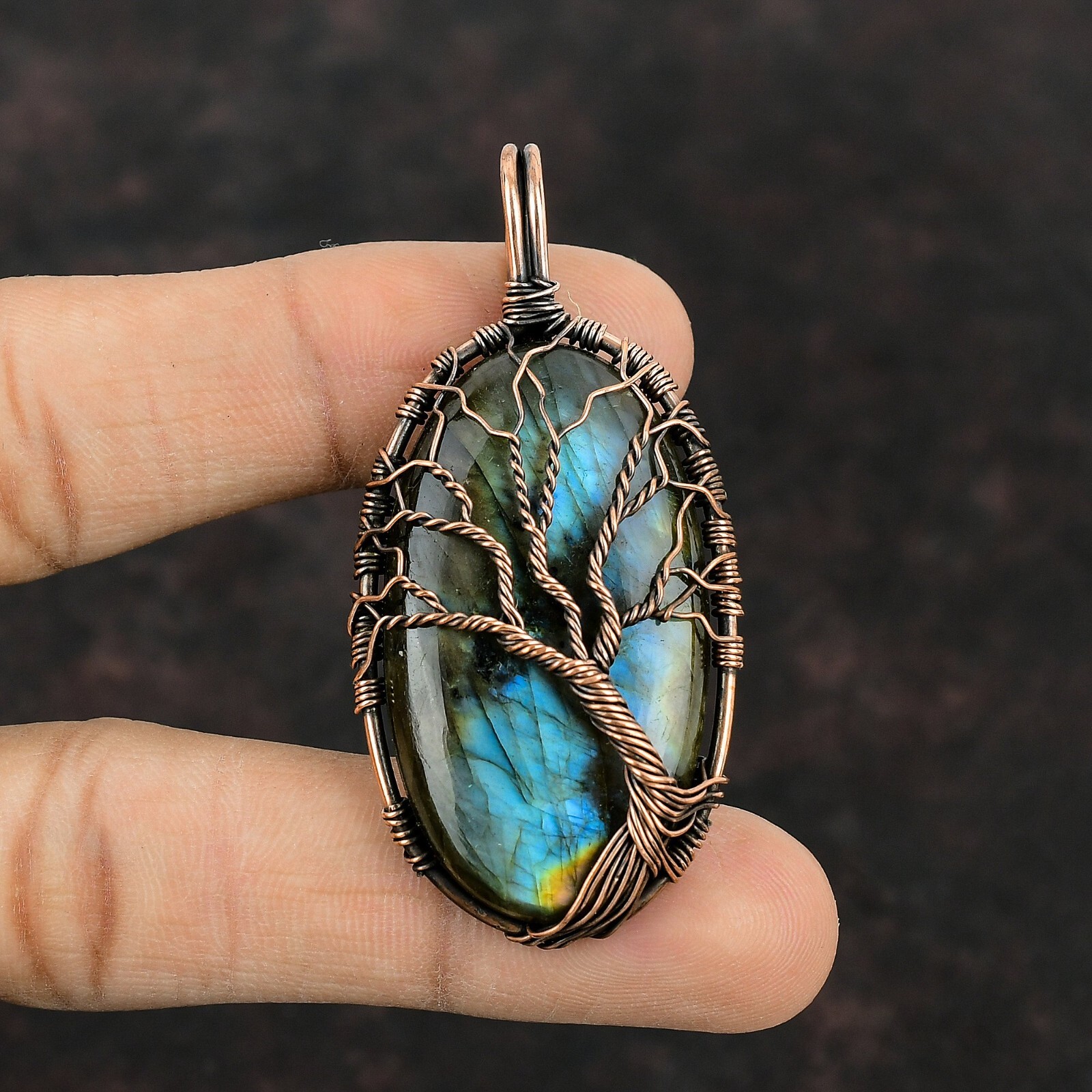 Gift For Her Copper Labradorite Jewelry Wire Wrapped Tree Of Life Pendant 2.36″