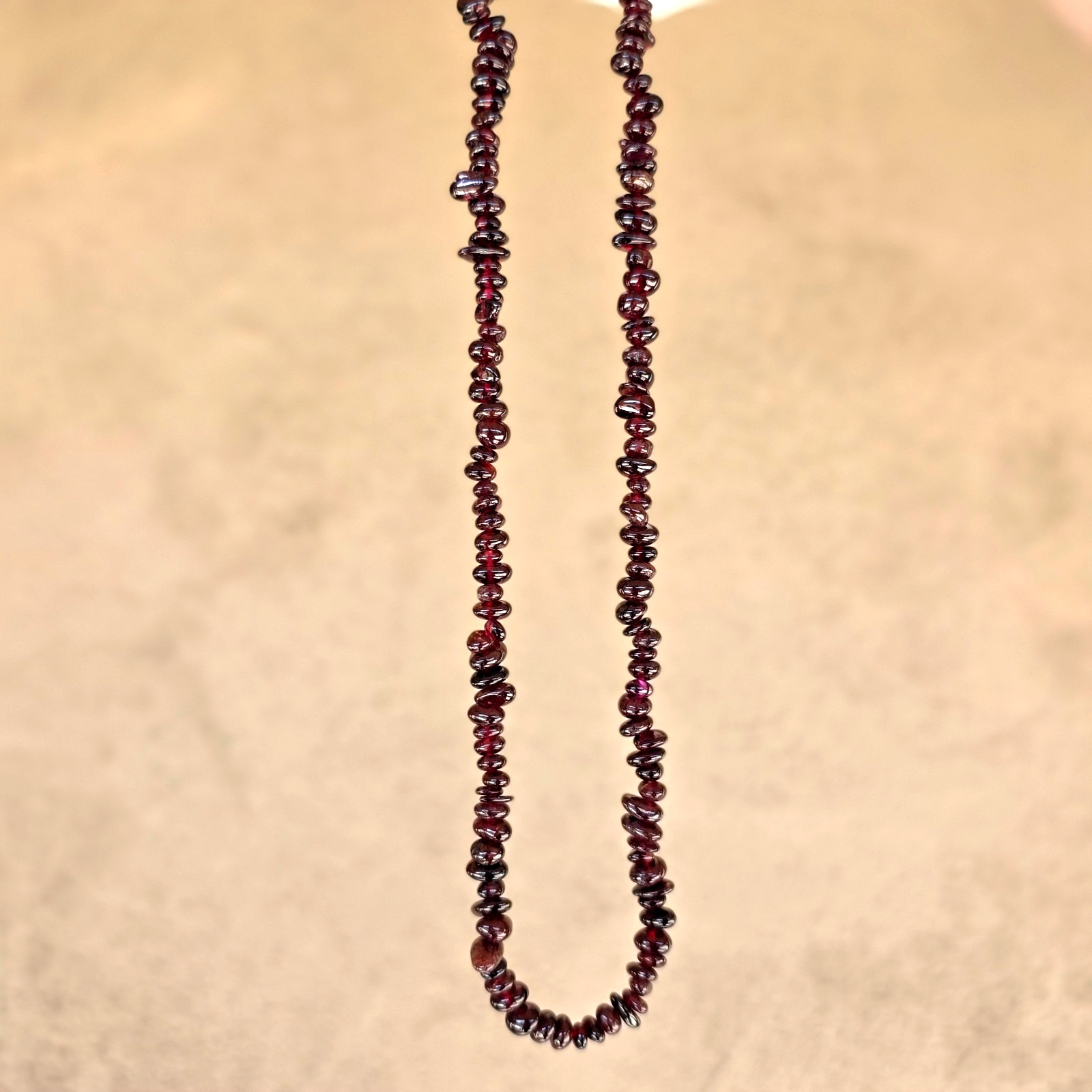 Vintage Natural Red Garnet Nugget Bead Beaded Necklace Original Silk Satin Bag
