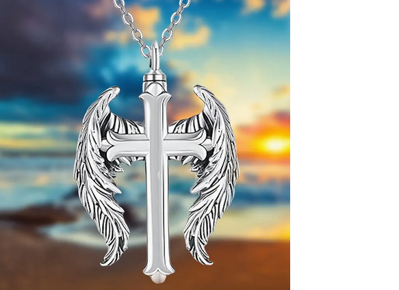 MEMORIAL URN WING CROSS ASHES Pendant 22″ 925 Sterling Silver Necklace Women Men