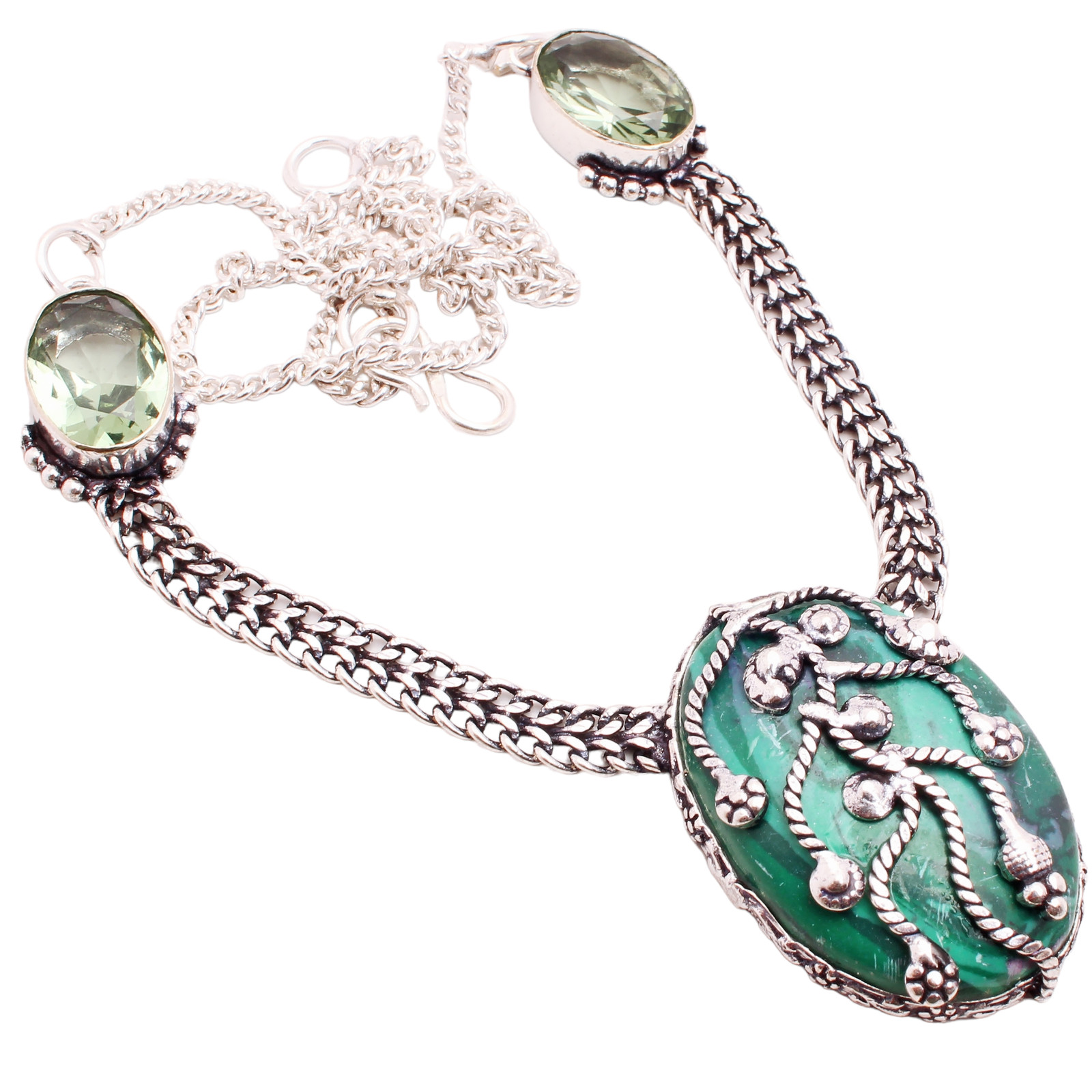 Malachite Gemstone 925 Silver Plated Necklace Handmade Jewelry Gift 18 Gms N1180
