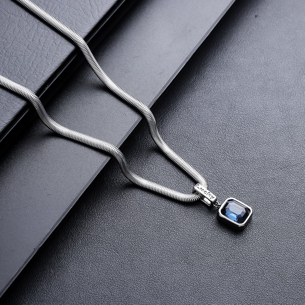 Titanium Steel Snake Chain Pendant Necklace Lucky Square Blue Cubic Zirconia