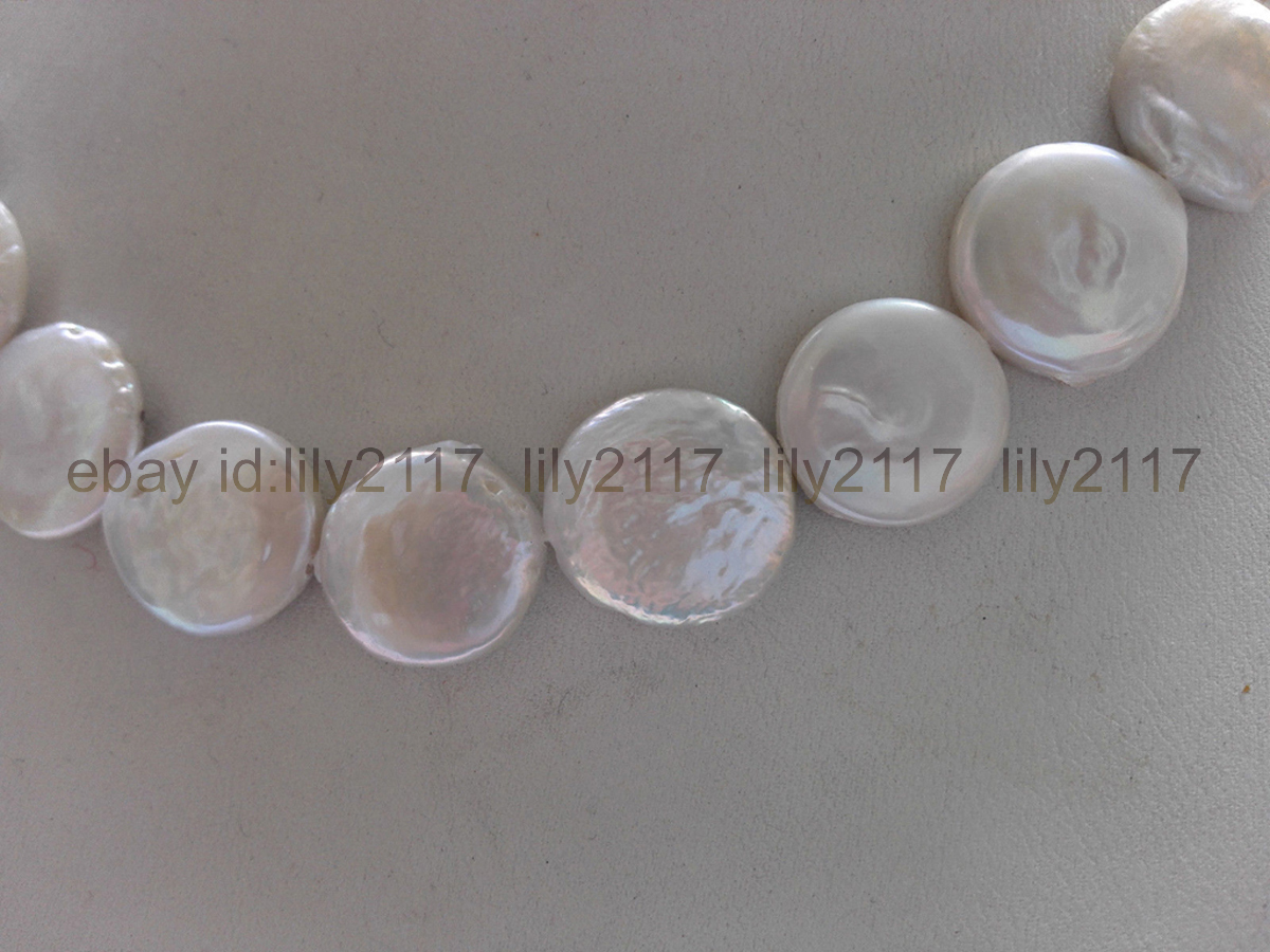 Fashion 18-20mm white coin shape genuine cultured freshwater pearl necklace 18”