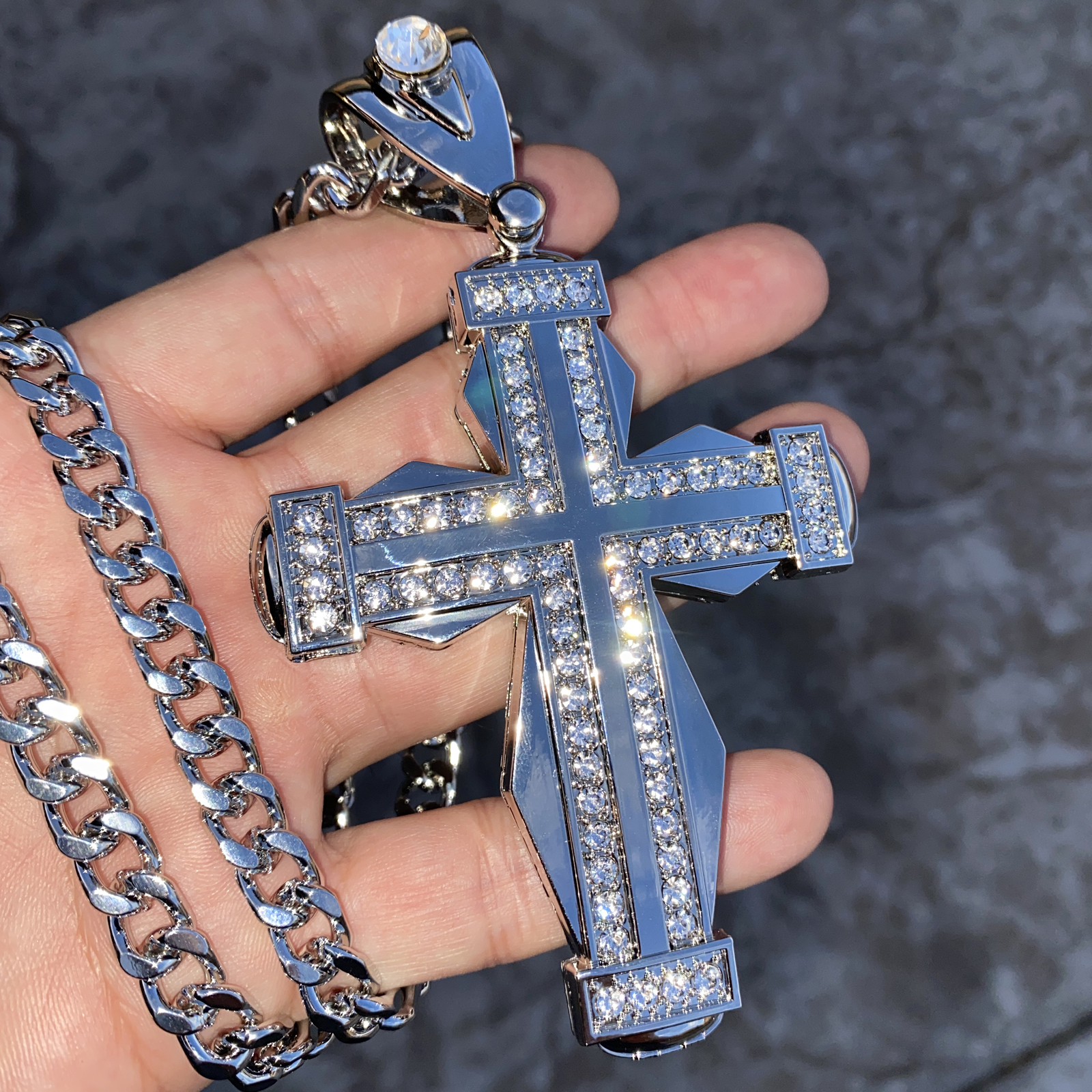 Men Huge Double Cross Pendant Jesus Necklace Silver Tone Hip Hop Cuban Chain 30″