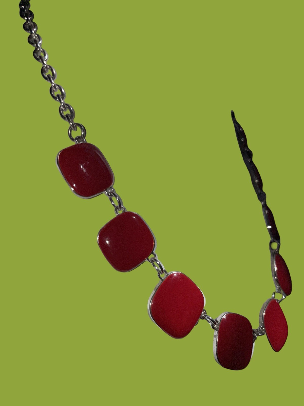 A 1990s Silver-tone Necklace with Square Red Enamel Elements. Adjustable