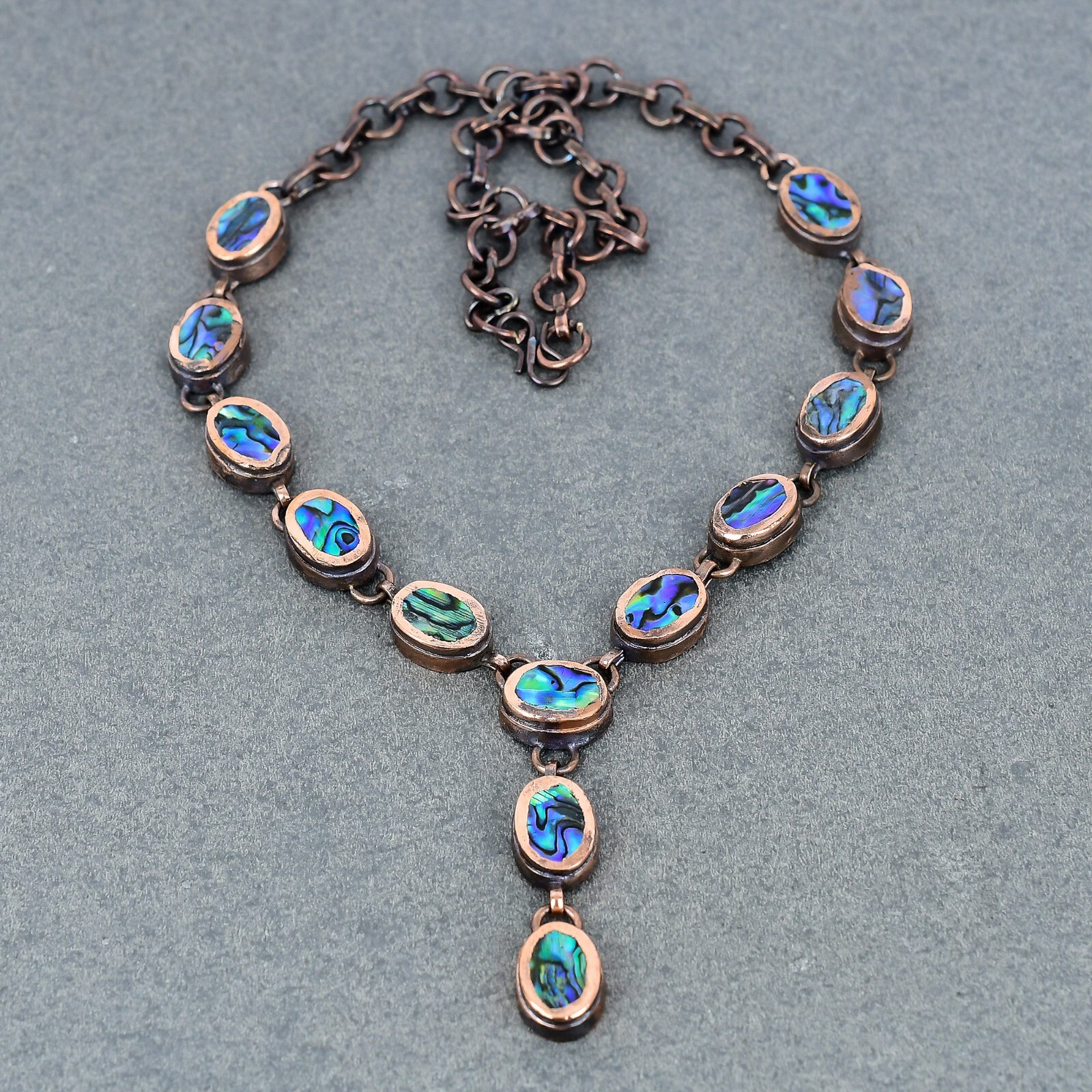 Copper Oval Abalone Shell Gemstone Chain Bezel Electroformed Necklace Jewelry
