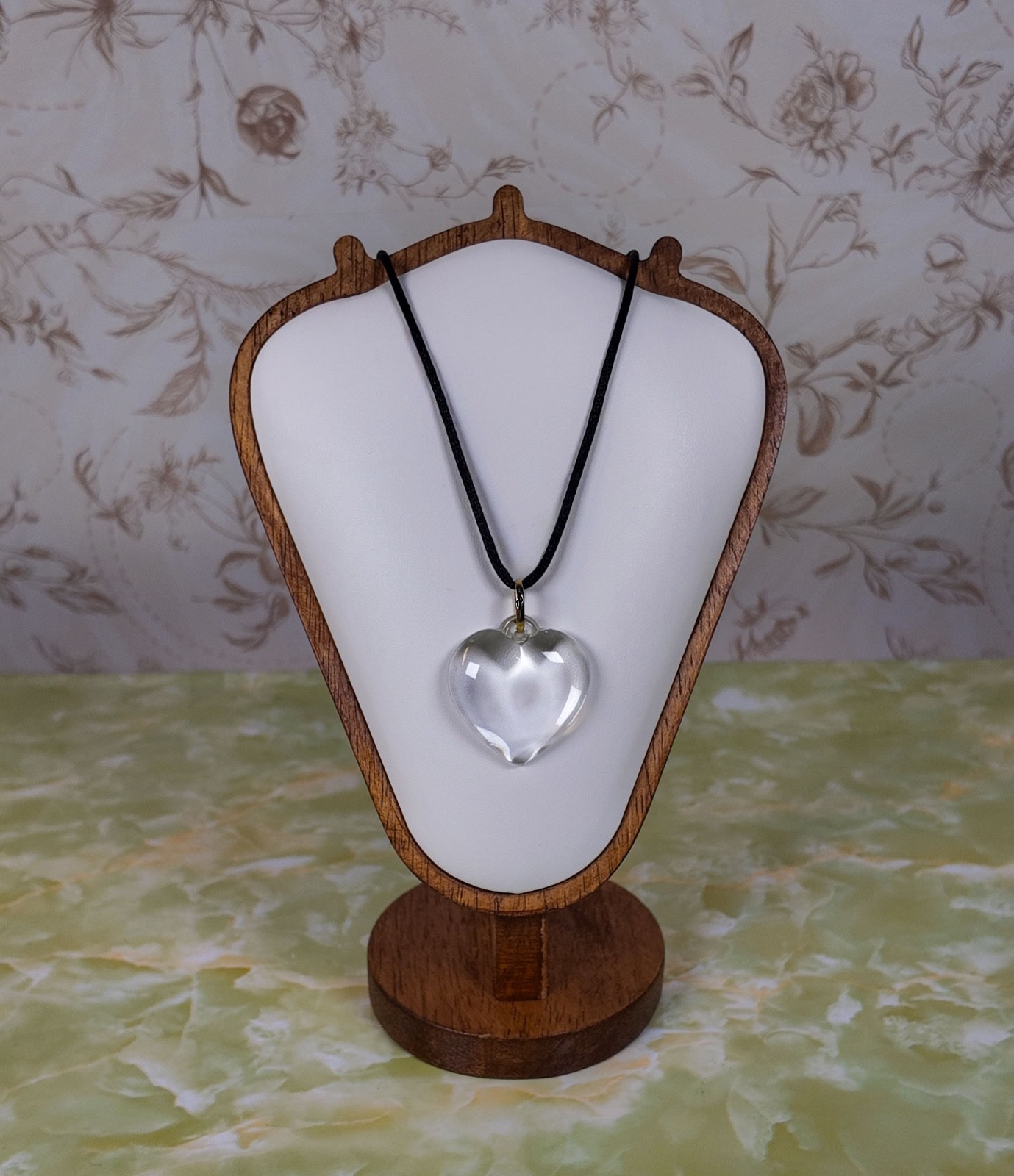 Clear Glass Heart Pendant Necklace, Silver Tone Bail, Black Cord