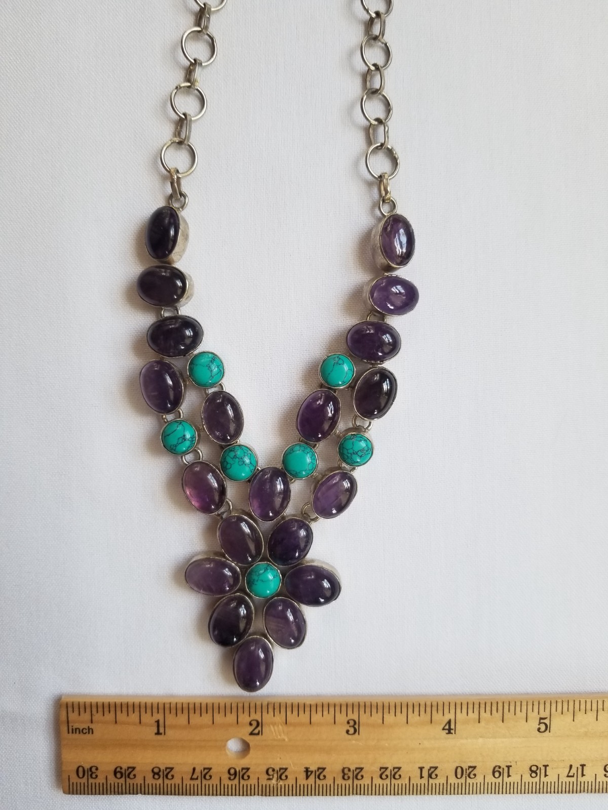 Multi Gemstone Flower Bib Statement Necklace Silver Amethyst Turquoise Handmade