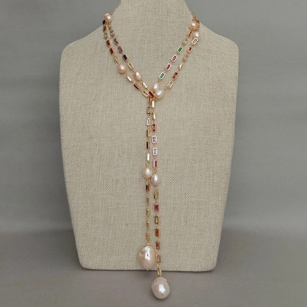 Cultured Pink Keshi Pearl Mixed Color Rectangle Cz Pave Long Chain Necklace 50″