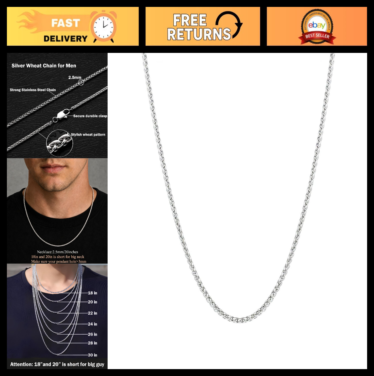 Silver Gold Stainless Steel Wheat Chain Necklace 2.5mm 3mm 4mm Unisex Jewelry