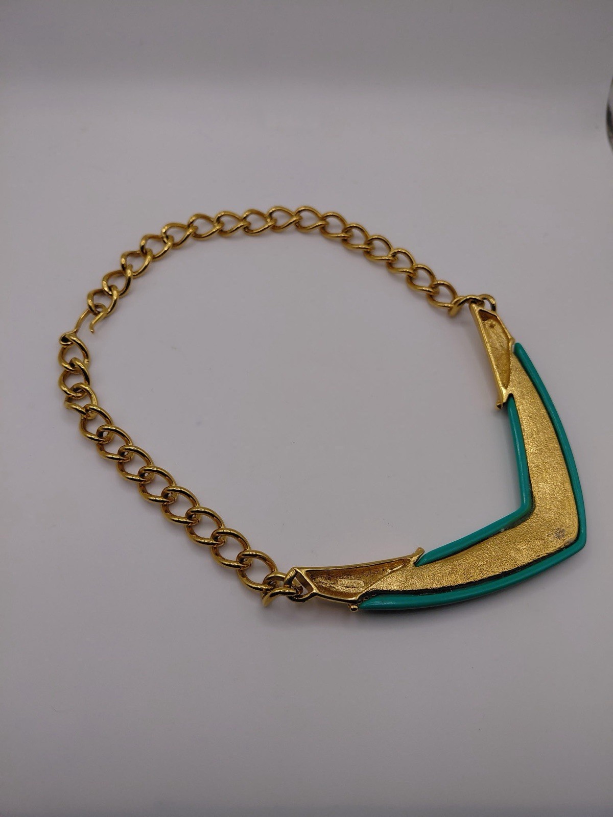MONET signed vintage gold tone Turquoise enamel designer necklace