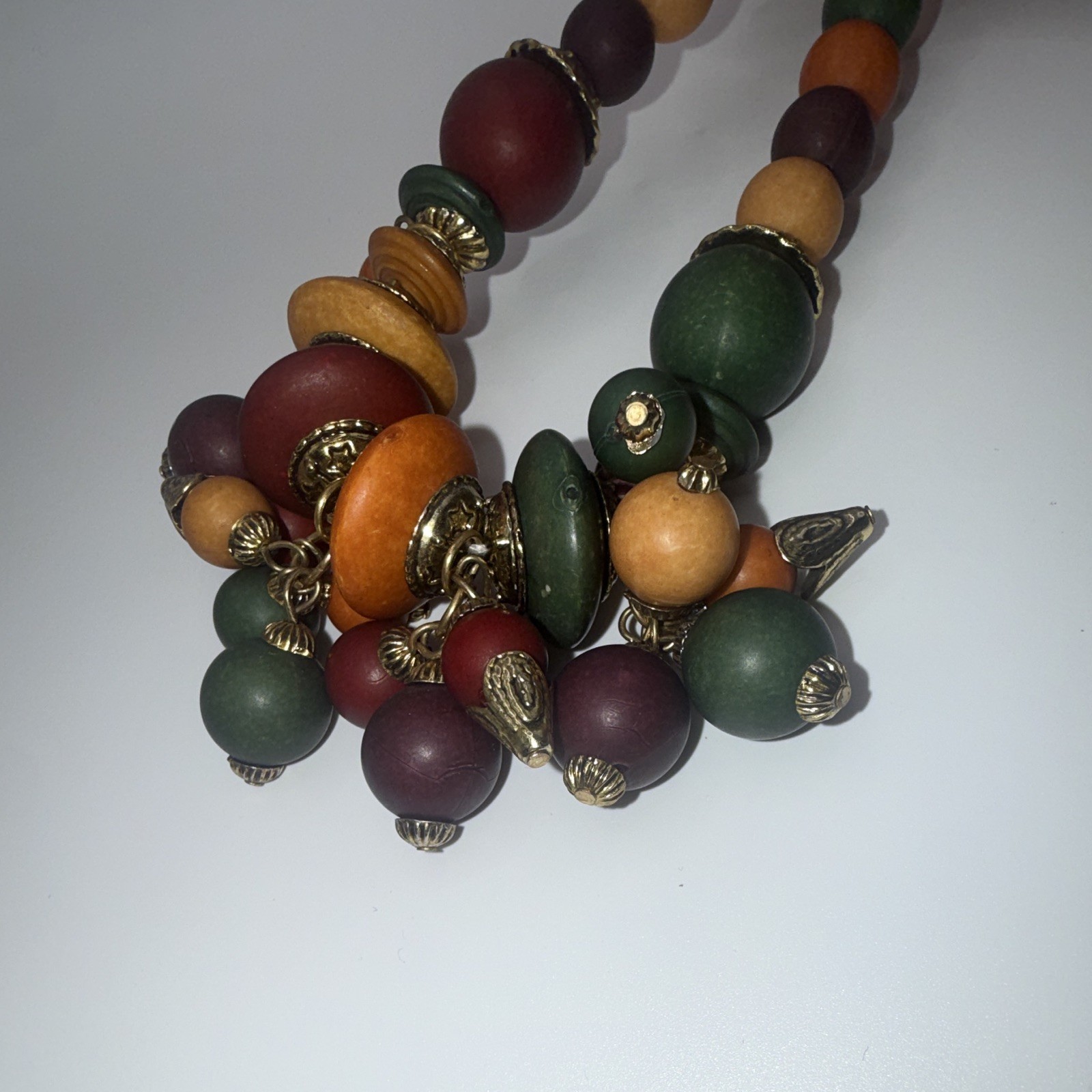 Boho Multicolor Brass Wood Beaded Statement Necklace Charm Cluster Pendant