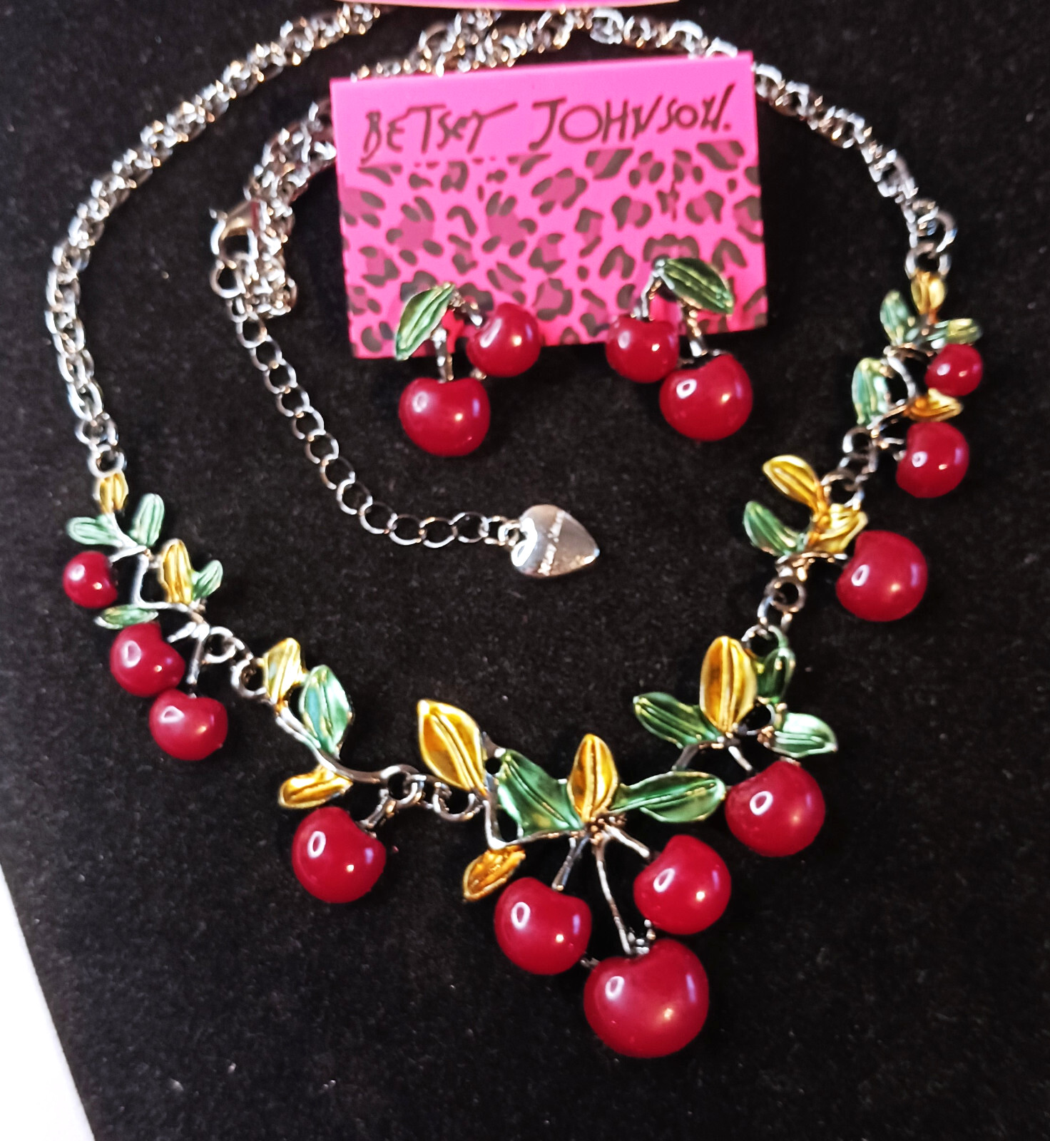 Sweet Red CHERRY Leaf Blossom Choker Betsey Johnson Enamel Necklace Earrings SET