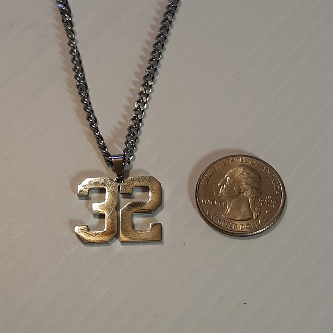 #32 BASEBALL FOOTBALL NUMBER Pendant Charm / 18″-24″ STAINLESS CHAIN NECKLACE