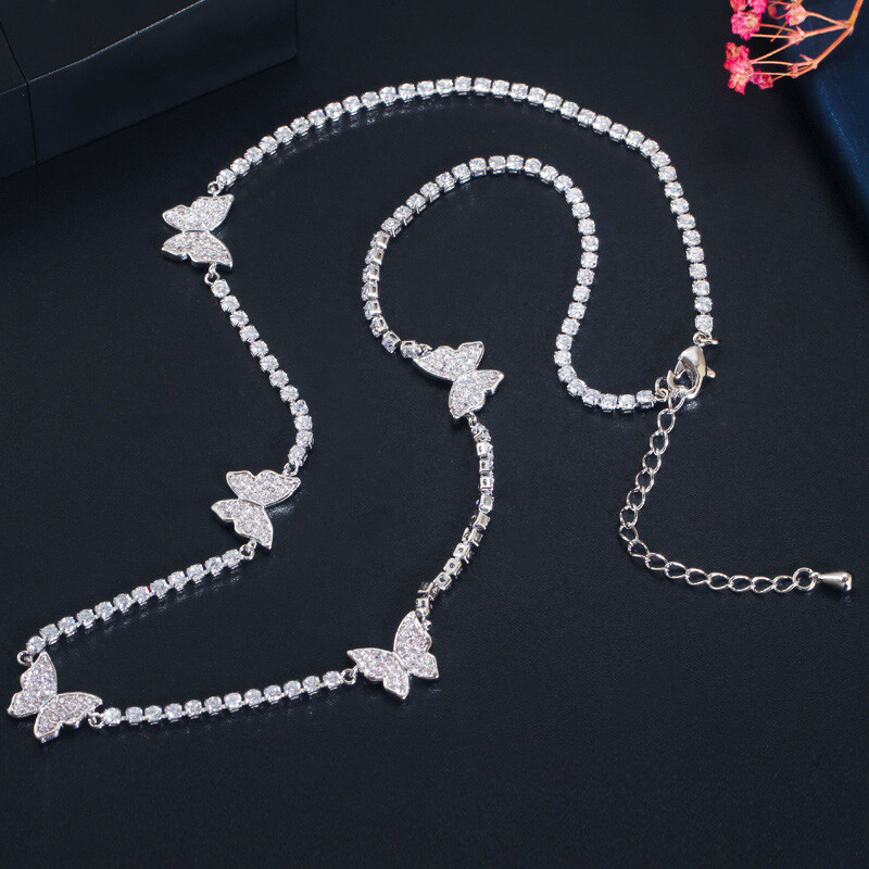 Cubic Zirconia Tennis Butterfly Connect Clavicle Round Choker Necklace for Women