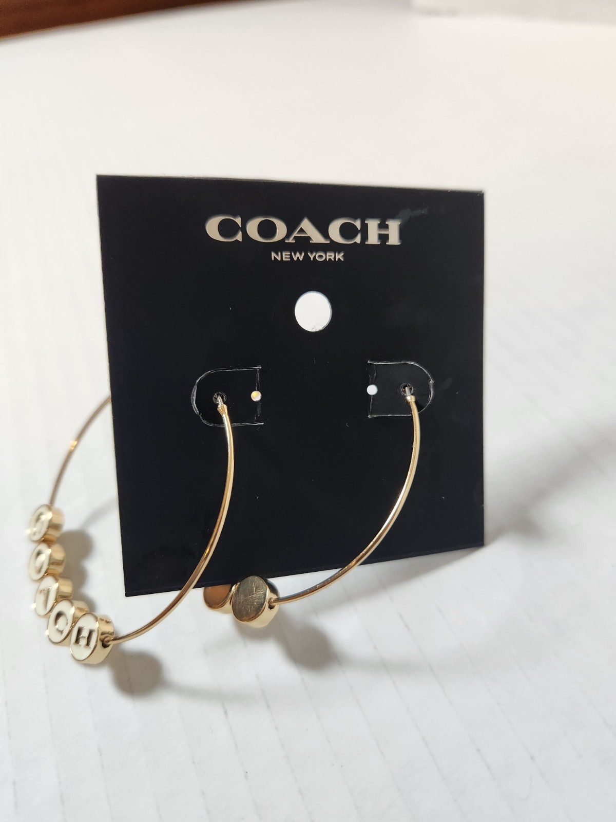 Coach Hoop Earrings Logo Gold White Plated Accessories