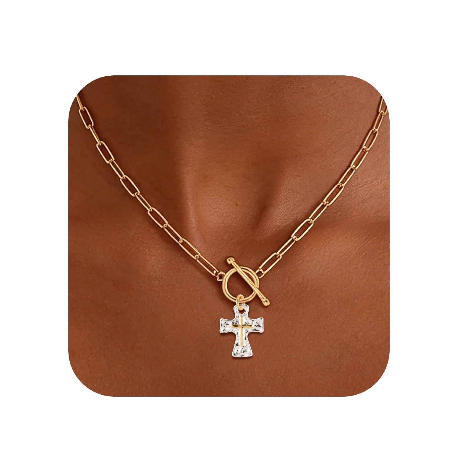 HMGADN Chunky Cross Necklace for Women Trendy Dainty 18K Gold 46cm, Silver