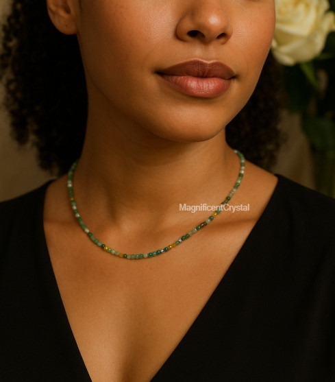 Minimalist Natural Moss Agate Choker Healing Energy Green Beads Dainty Necklace